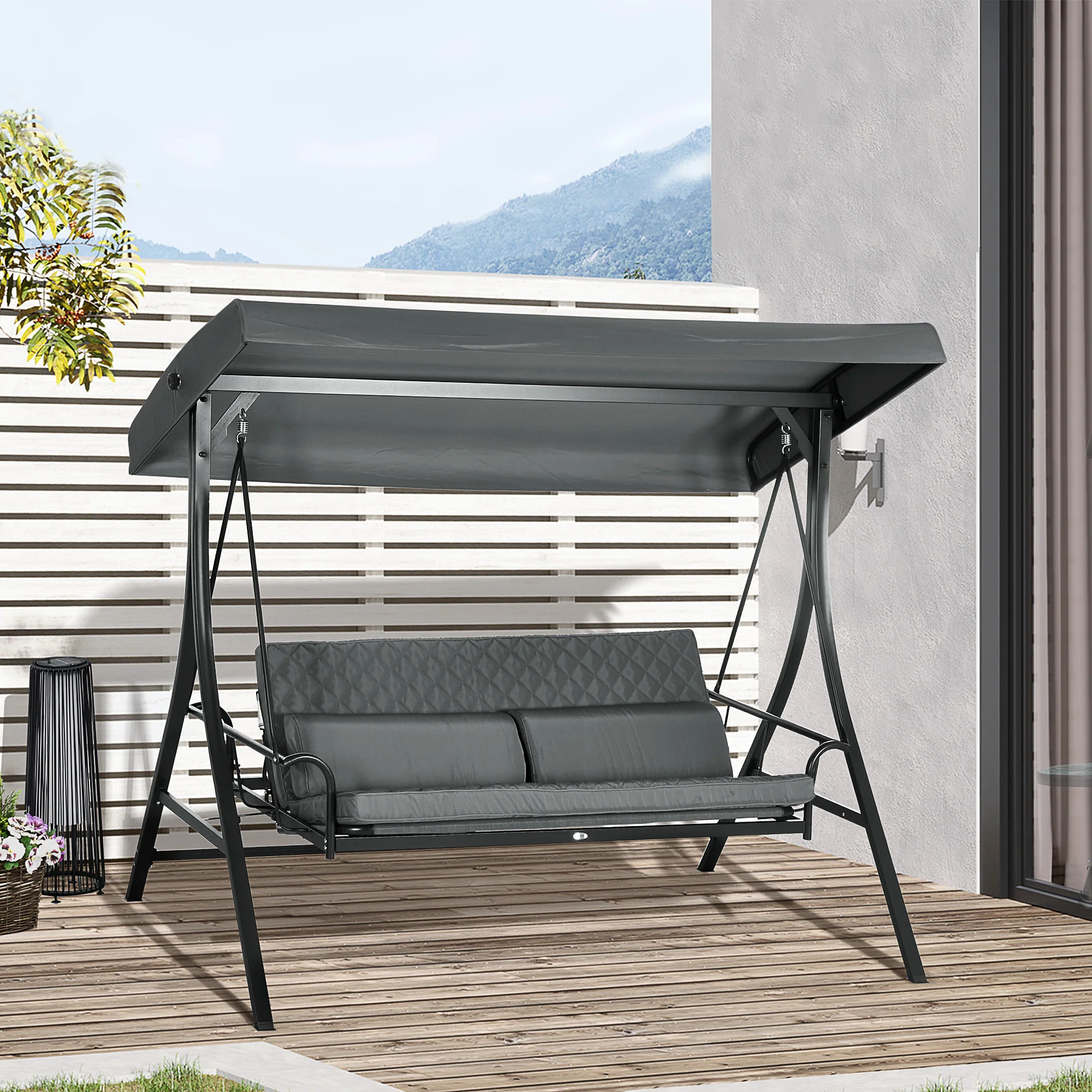 3 Person Porch Swing Bench w/ Adjustable Canopy, Cushions & Pillows for Porch, Dark Grey - Image 4