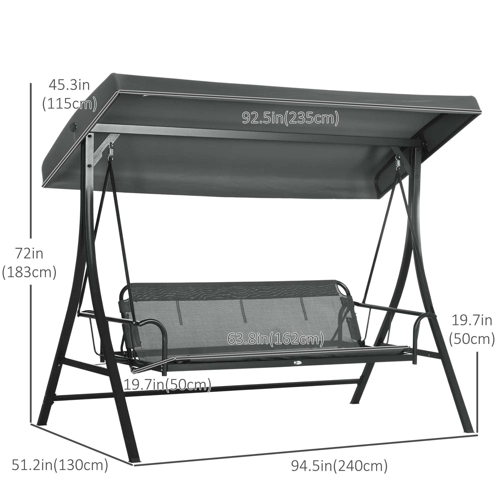 3 Person Porch Swing Bench w/ Adjustable Canopy, Cushions & Pillows for Porch, Dark Grey - Image 5