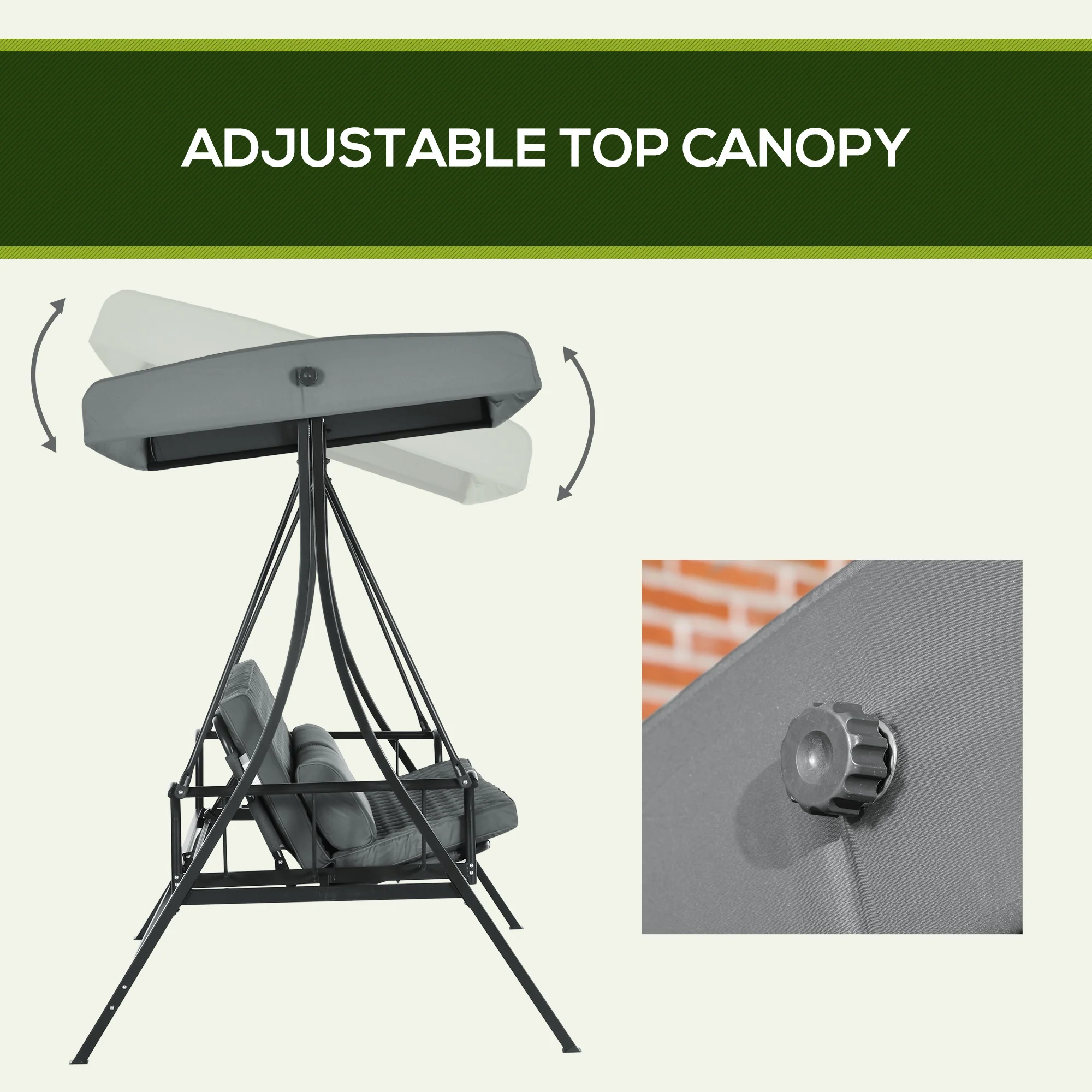 3 Person Porch Swing Bench w/ Adjustable Canopy, Cushions & Pillows for Porch, Dark Grey - Image 6