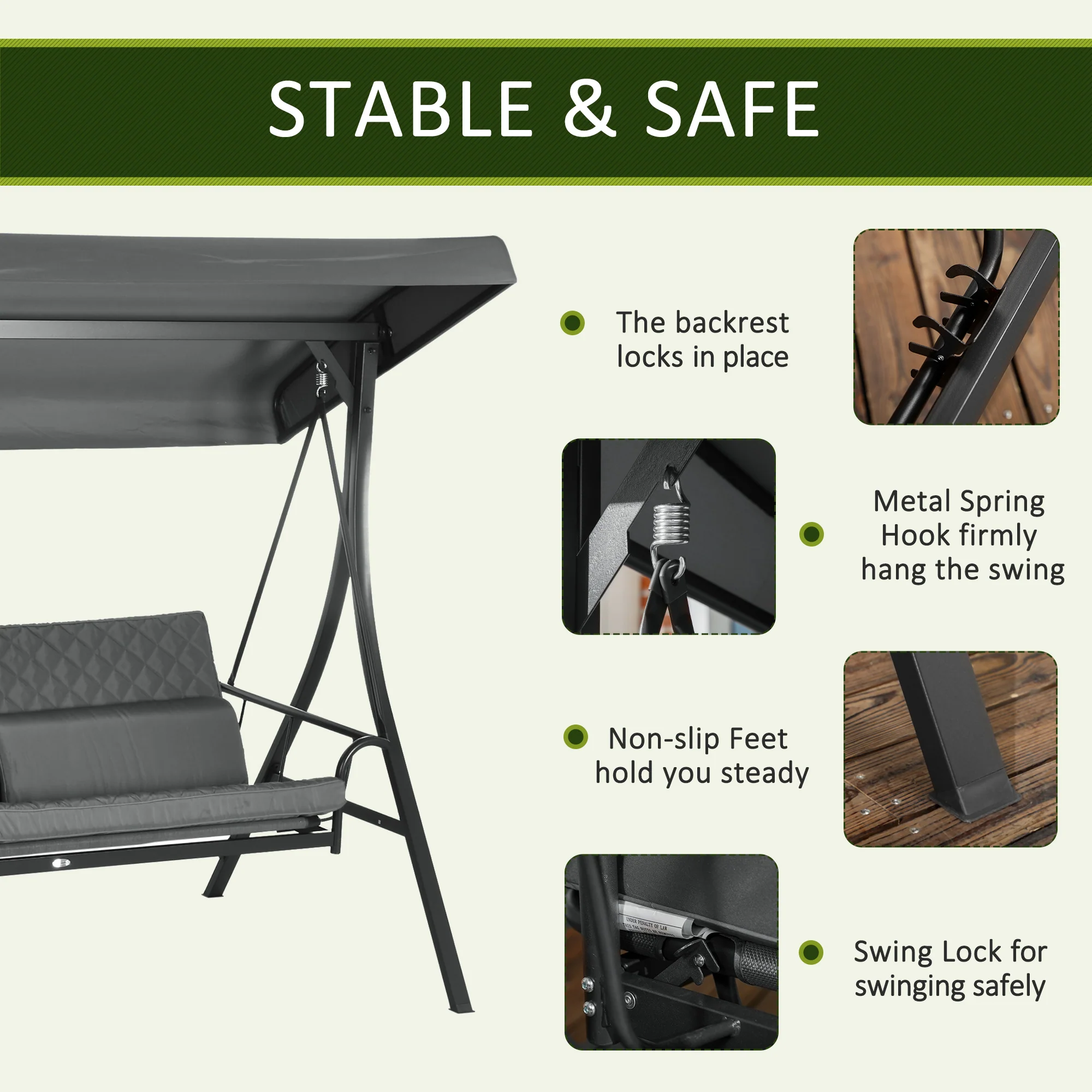 3 Person Porch Swing Bench w/ Adjustable Canopy, Cushions & Pillows for Porch, Dark Grey - Image 9