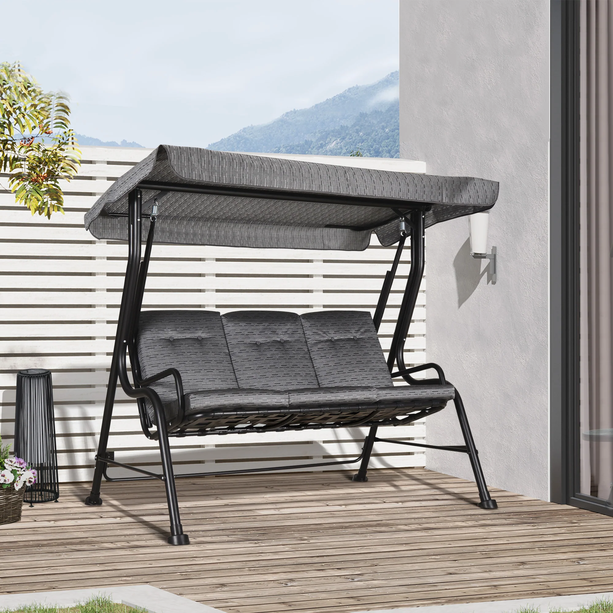3-Person Cushioned Swing Bench w/ Adjustable Canopy & Weather Resistant Frame, Grey - Image 4