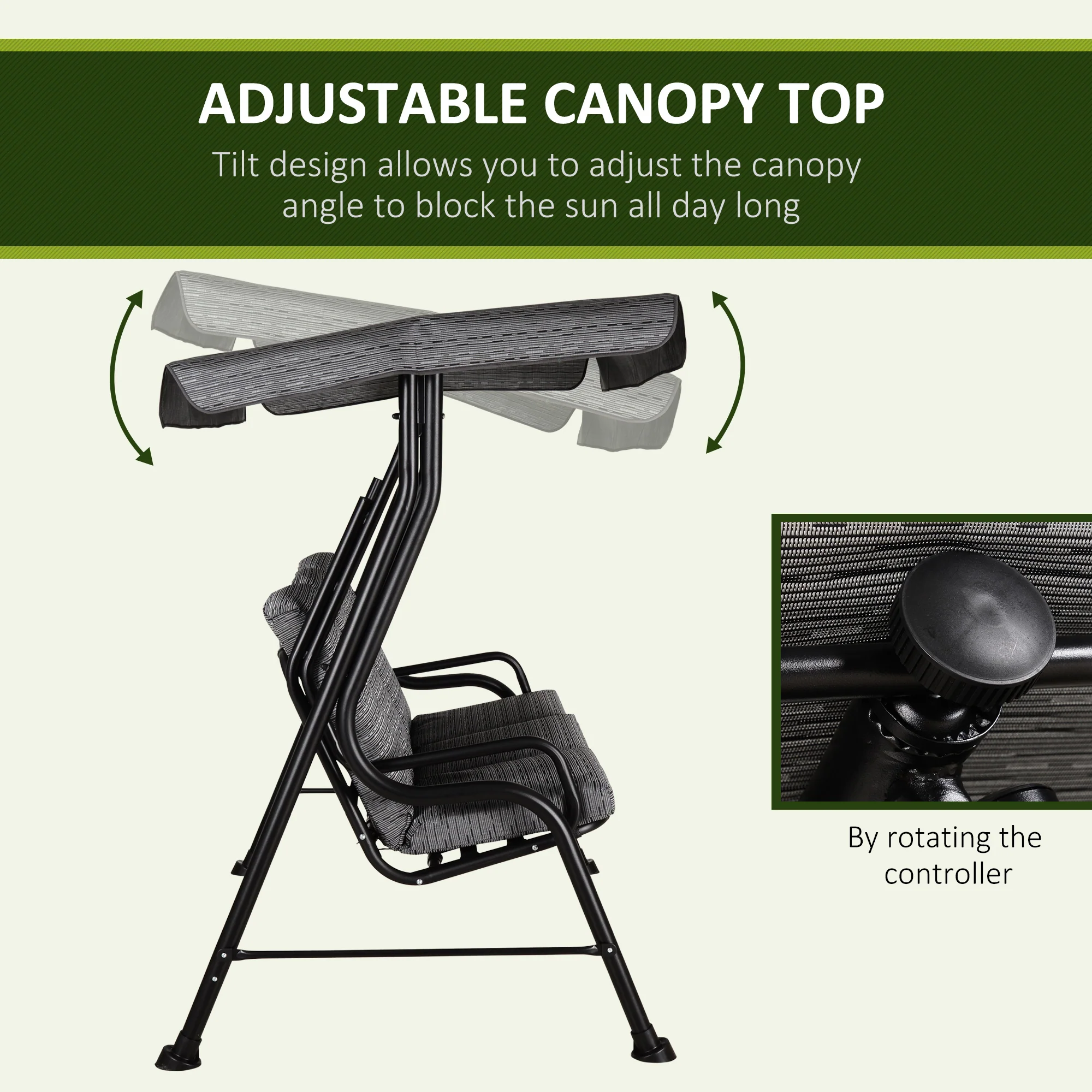 3-Person Cushioned Swing Bench w/ Adjustable Canopy & Weather Resistant Frame, Grey - Image 6