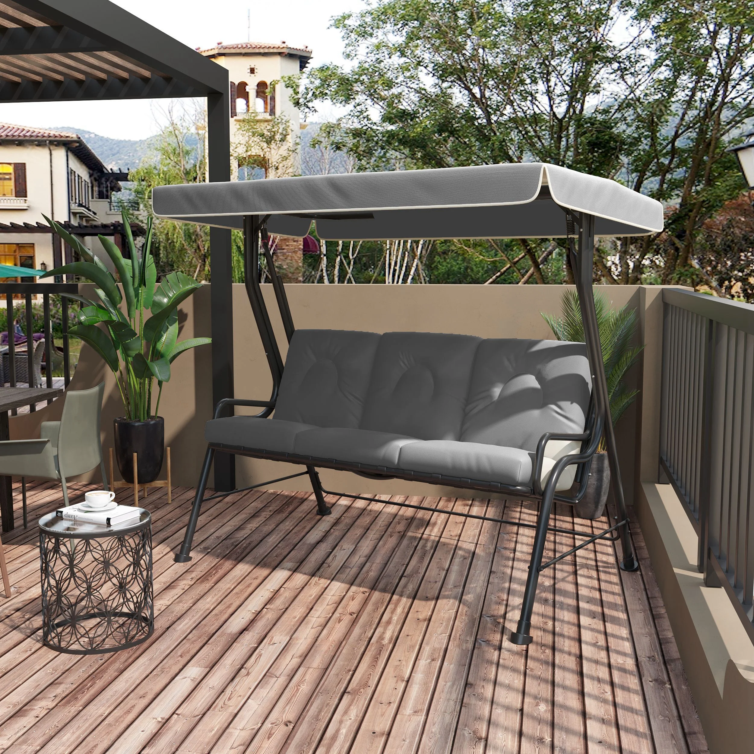 3 Person Porch Swing Bench w/ Adjustable Canopy, Cushions & Pillows for Porch, Light Grey - Image 3
