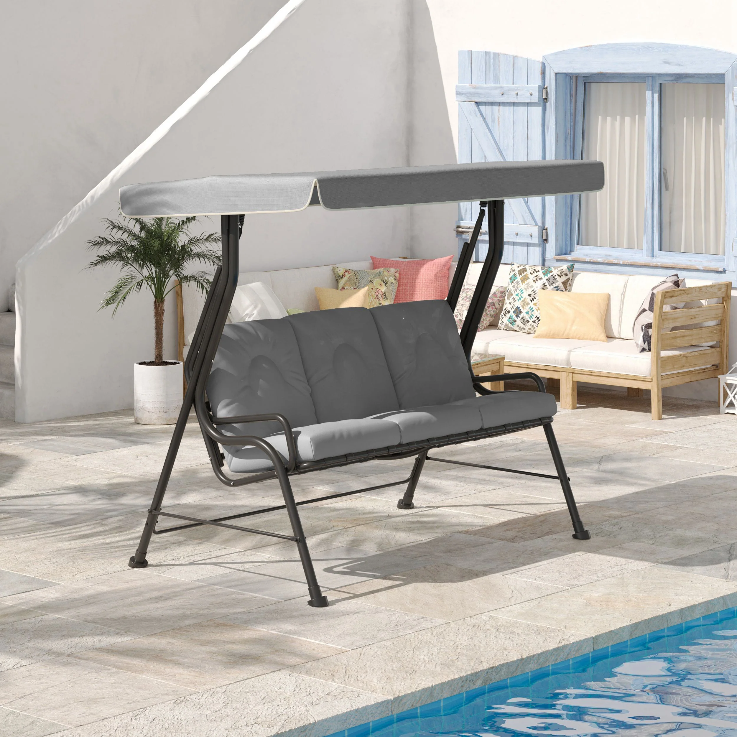 3 Person Porch Swing Bench w/ Adjustable Canopy, Cushions & Pillows for Porch, Light Grey - Image 4