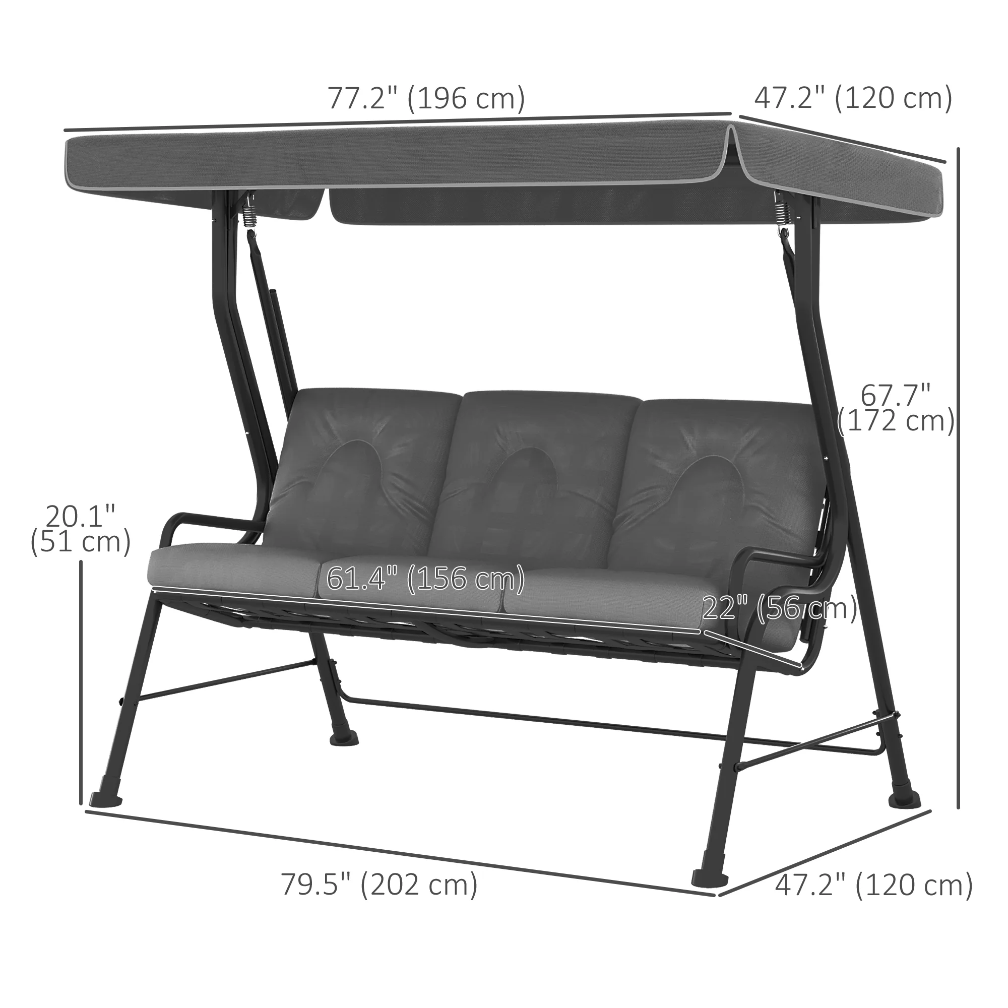 3 Person Porch Swing Bench w/ Adjustable Canopy, Cushions & Pillows for Porch, Light Grey - Image 5