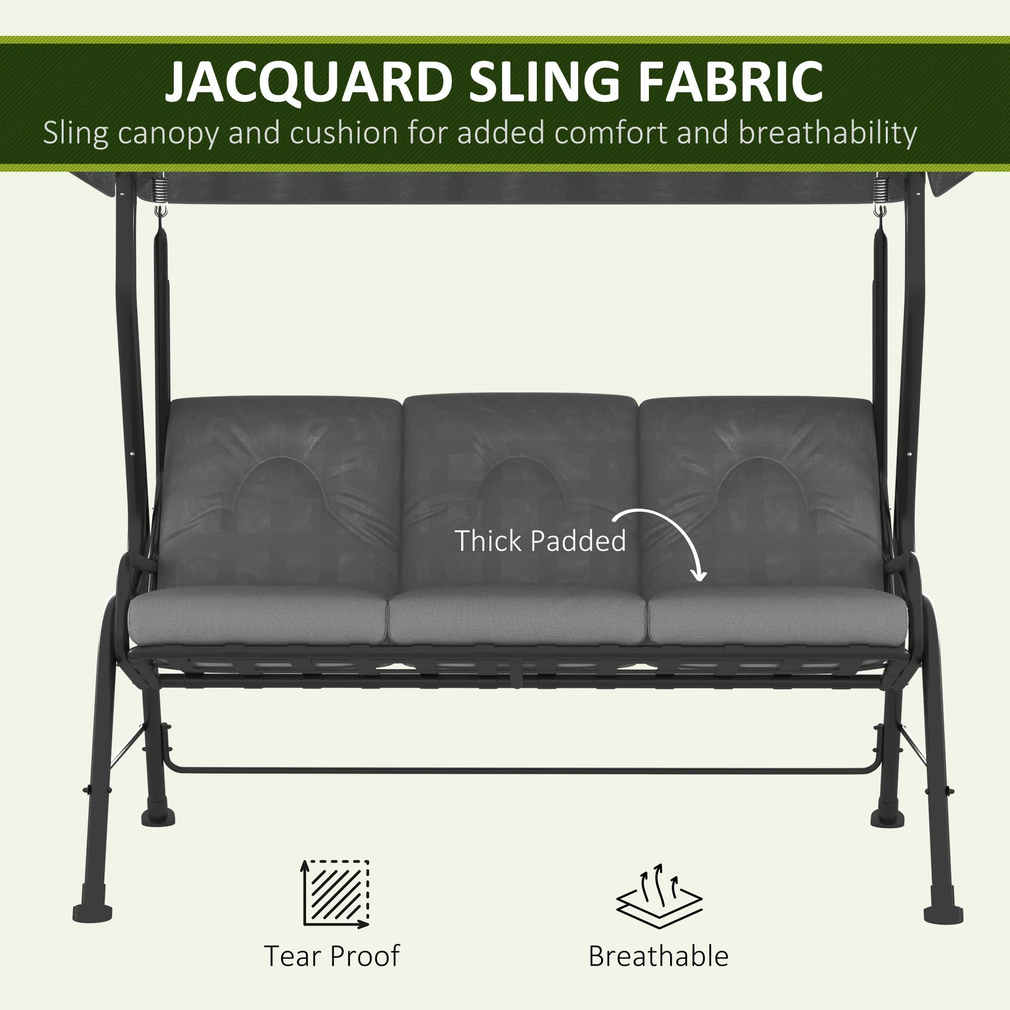 3 Person Porch Swing Bench w/ Adjustable Canopy, Cushions & Pillows for Porch, Light Grey - Image 7