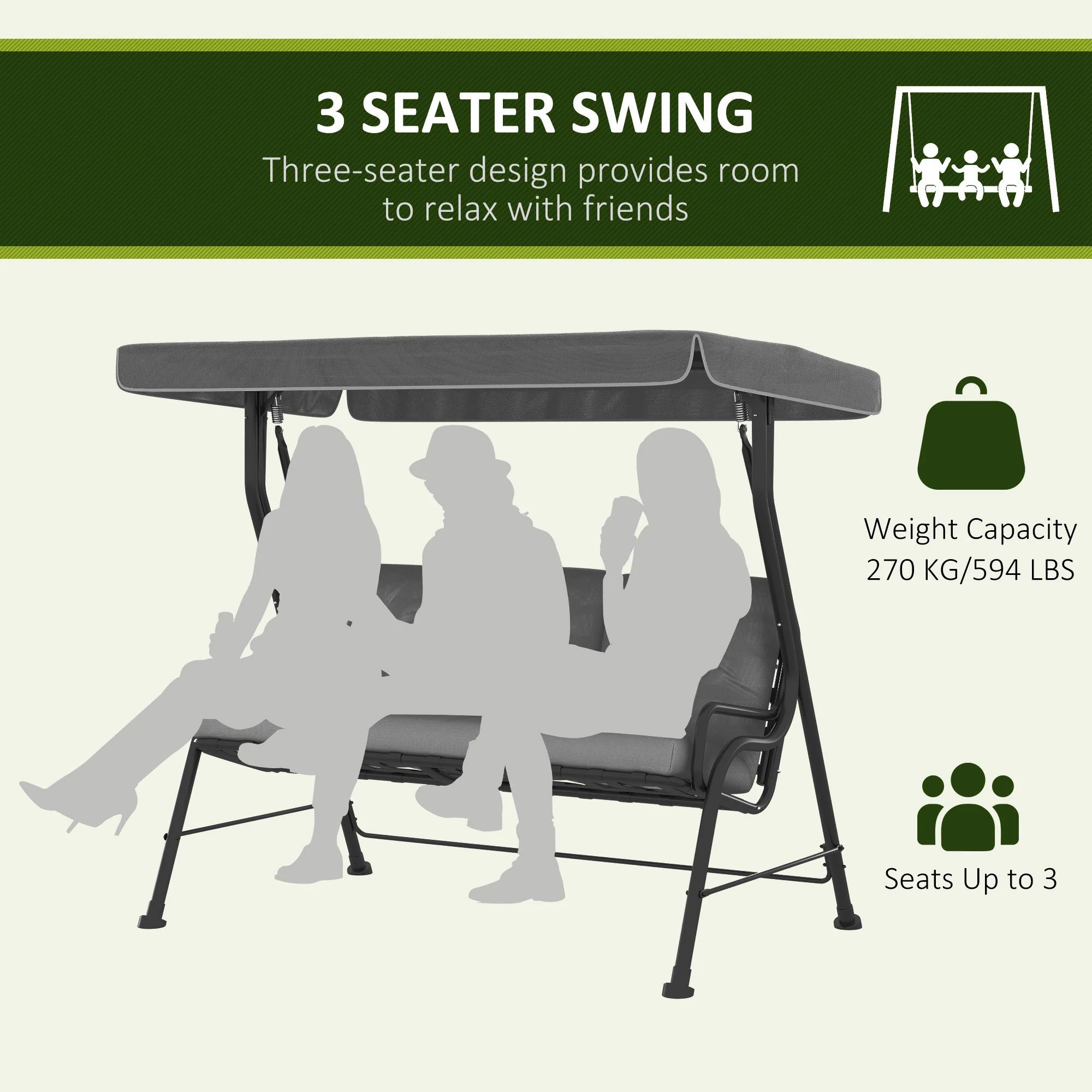 3 Person Porch Swing Bench w/ Adjustable Canopy, Cushions & Pillows for Porch, Light Grey - Image 8