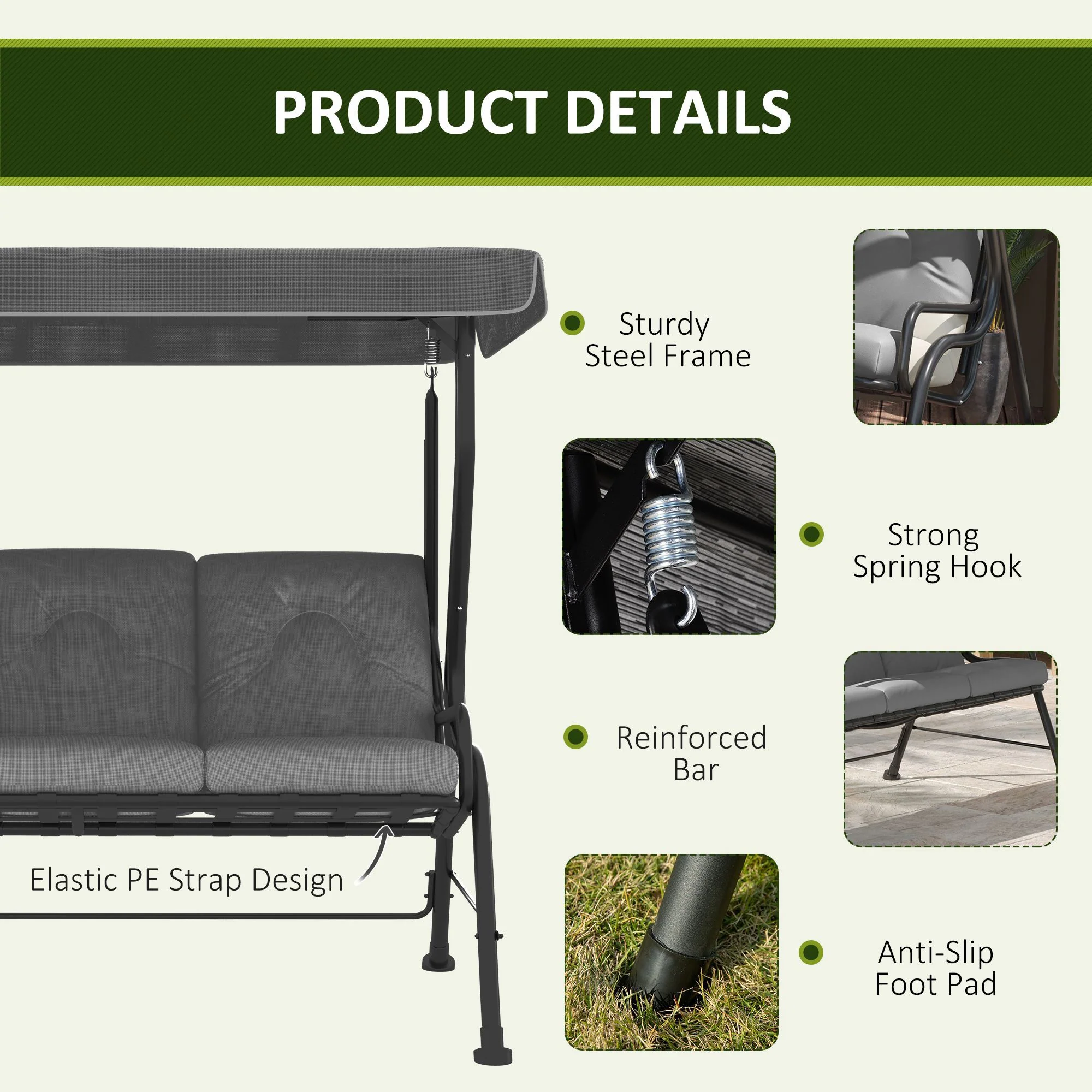 3 Person Porch Swing Bench w/ Adjustable Canopy, Cushions & Pillows for Porch, Light Grey - Image 9