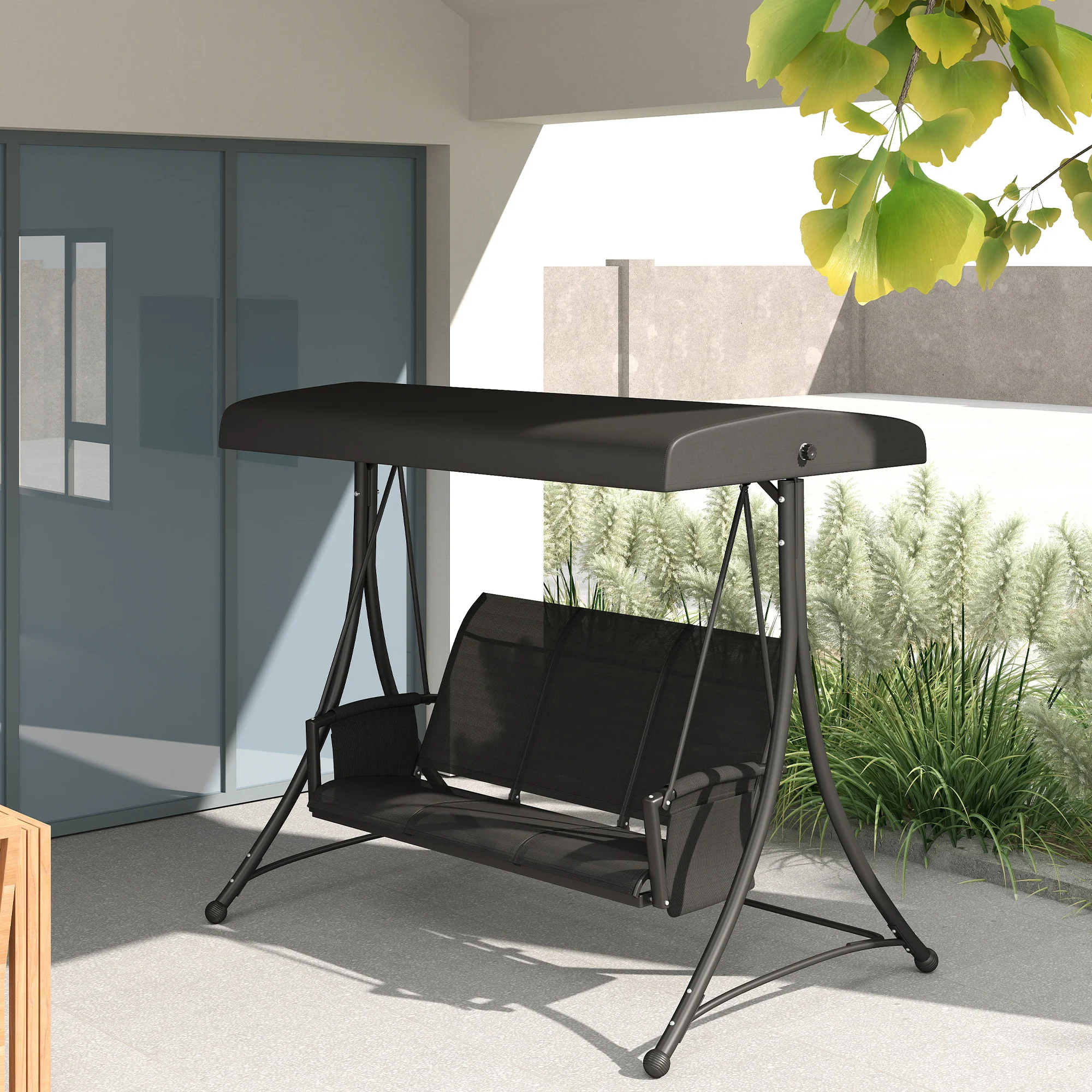 3 Person Outdoor Porch Swing Chair with Adjustable Canopy for Patio, Backyard, Black - Image 10