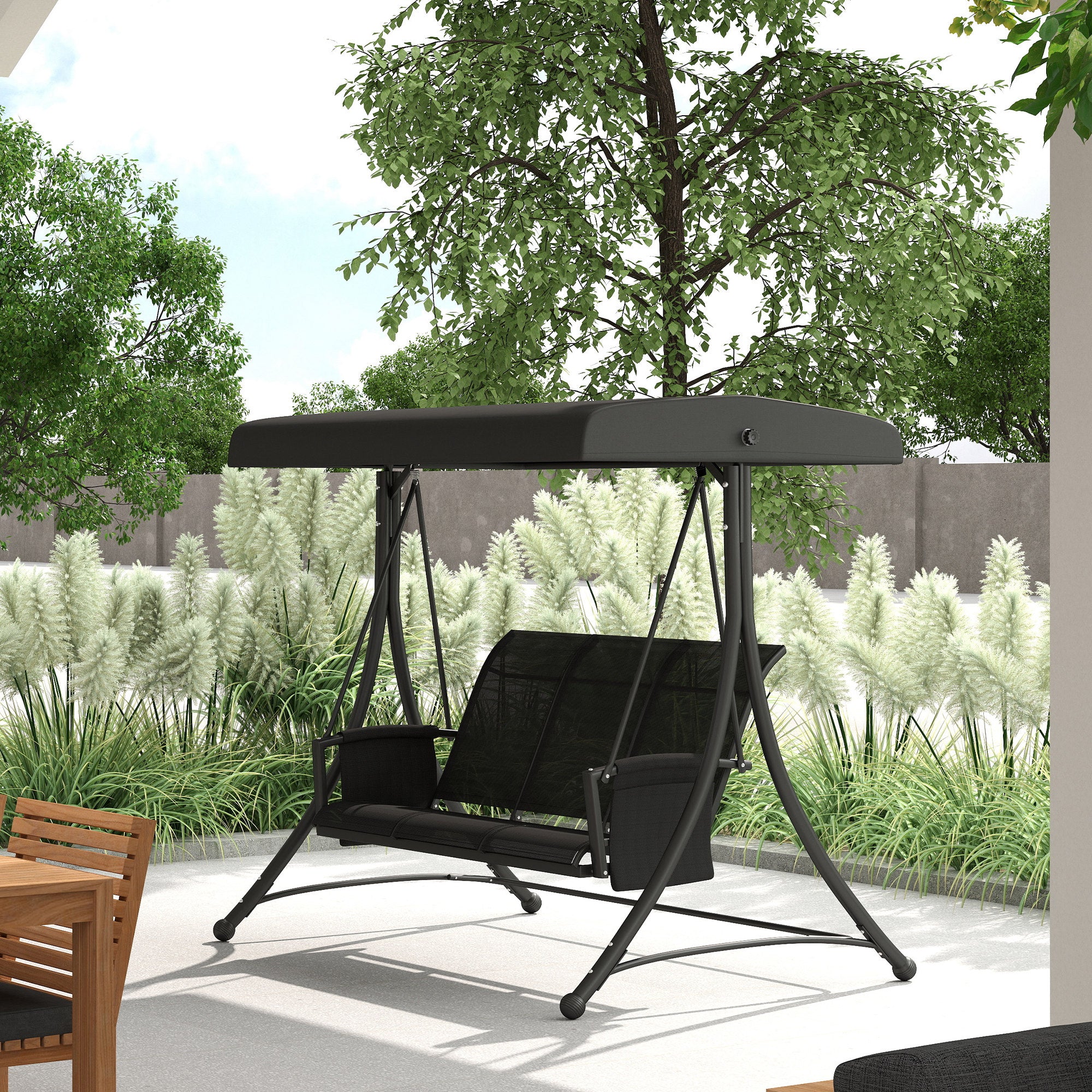 3 Person Outdoor Porch Swing Chair with Adjustable Canopy for Patio, Backyard, Black - Image 3