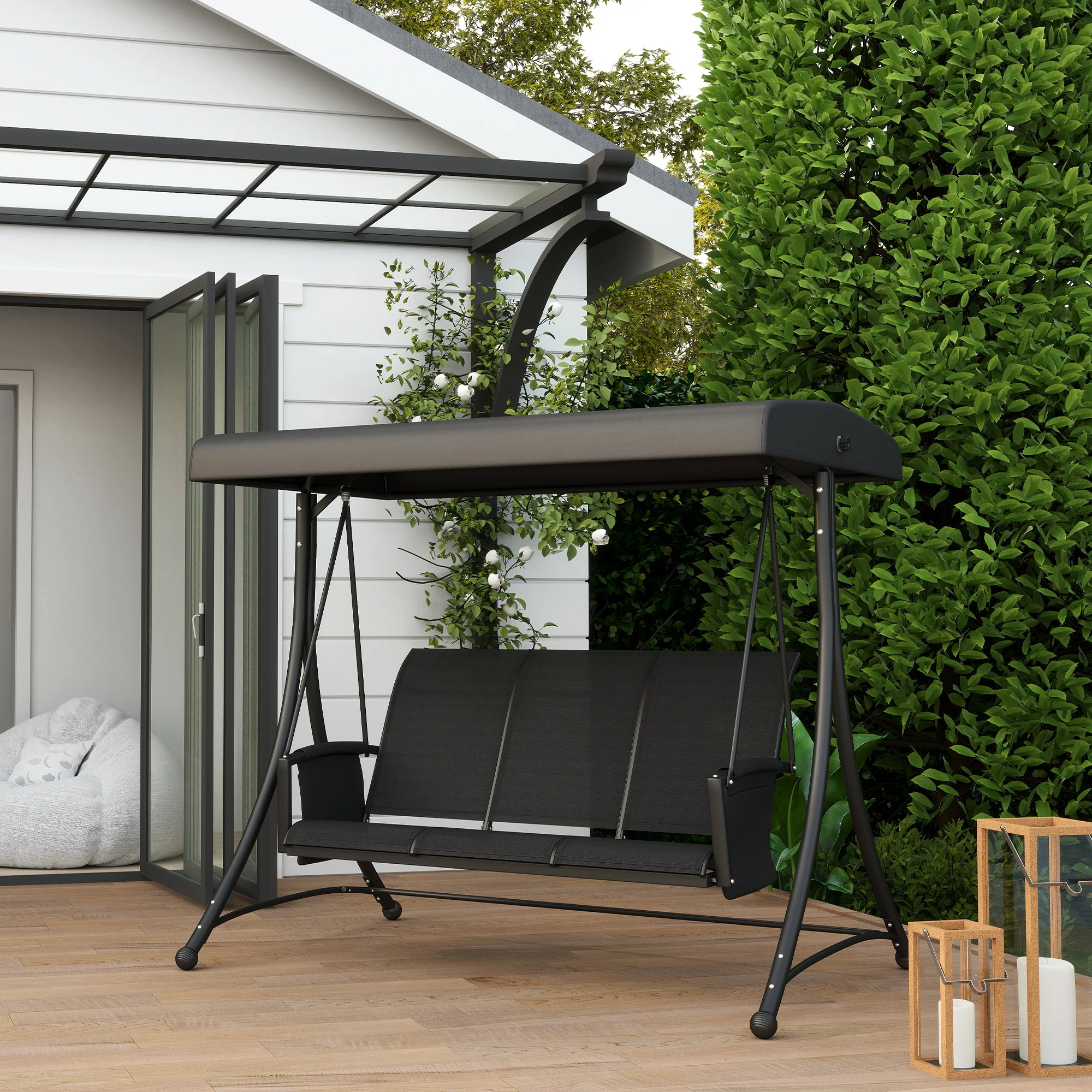 3 Person Outdoor Porch Swing Chair with Adjustable Canopy for Patio, Backyard, Black - Image 4