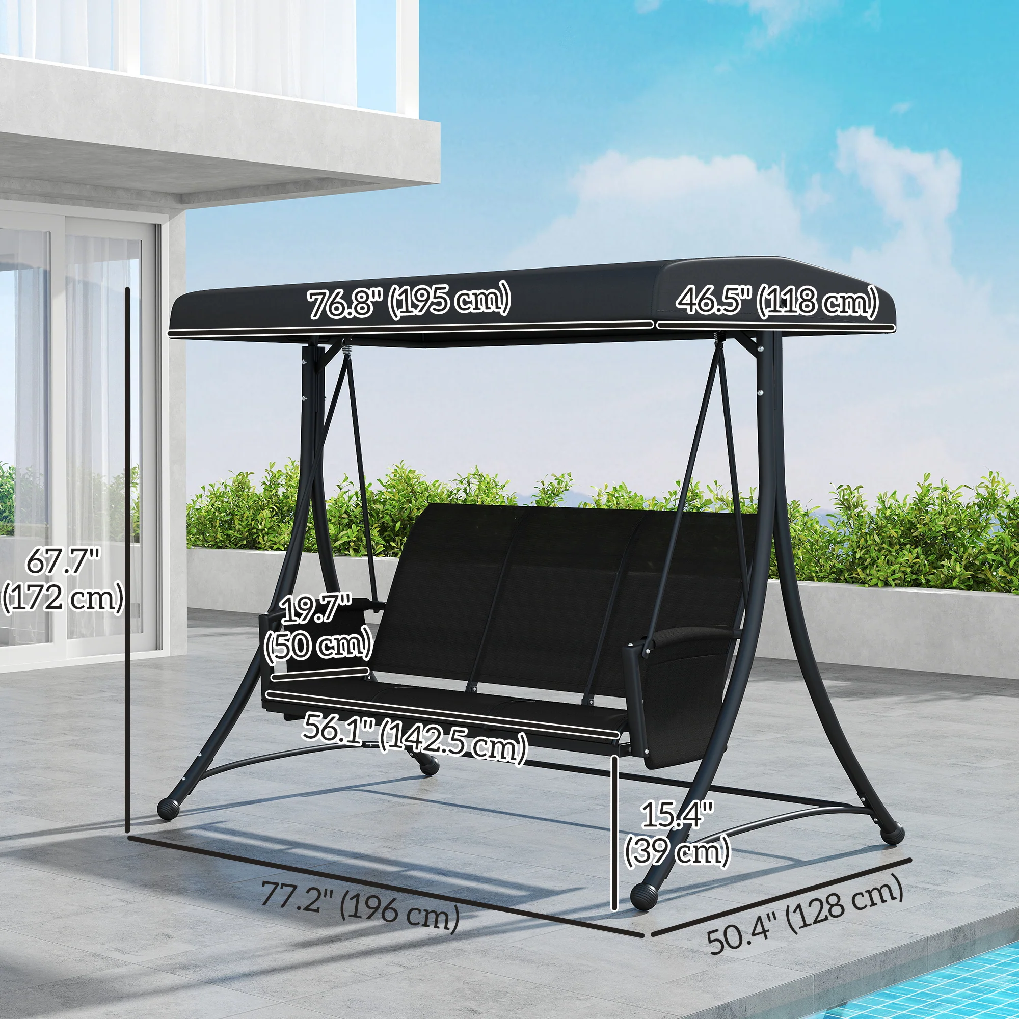 3 Person Outdoor Porch Swing Chair with Adjustable Canopy for Patio, Backyard, Black - Image 5