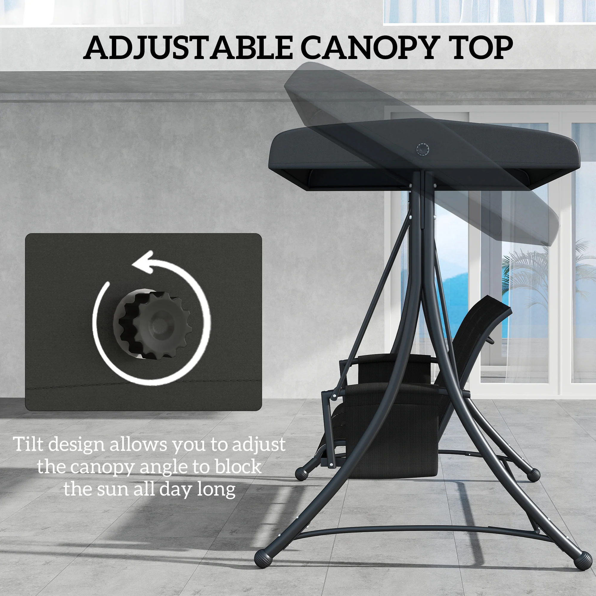 3 Person Outdoor Porch Swing Chair with Adjustable Canopy for Patio, Backyard, Black - Image 6