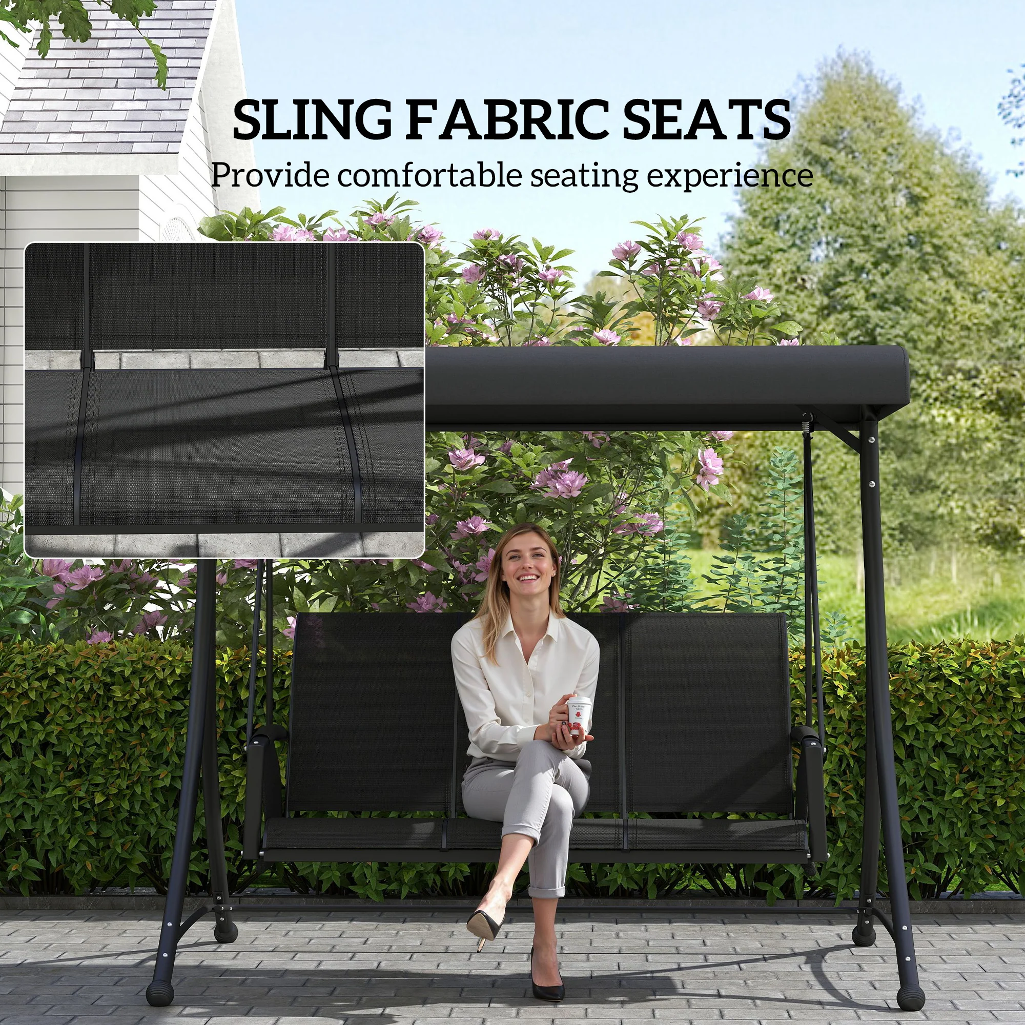 3 Person Outdoor Porch Swing Chair with Adjustable Canopy for Patio, Backyard, Black - Image 7