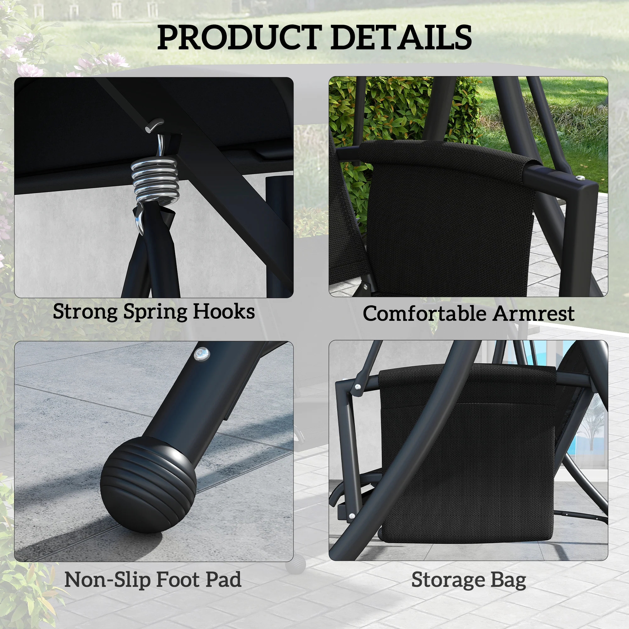 3 Person Outdoor Porch Swing Chair with Adjustable Canopy for Patio, Backyard, Black - Image 8