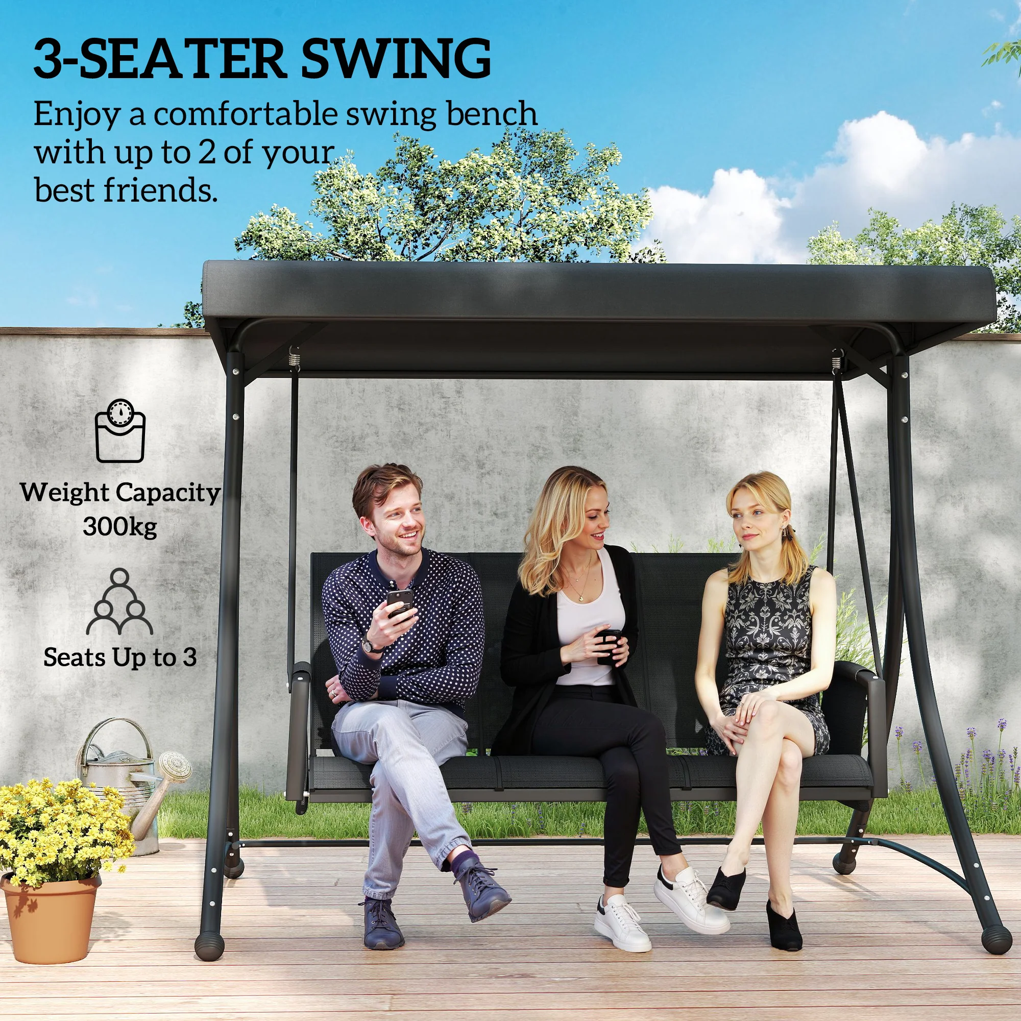 3 Person Outdoor Porch Swing Chair with Adjustable Canopy for Patio, Backyard, Black - Image 9
