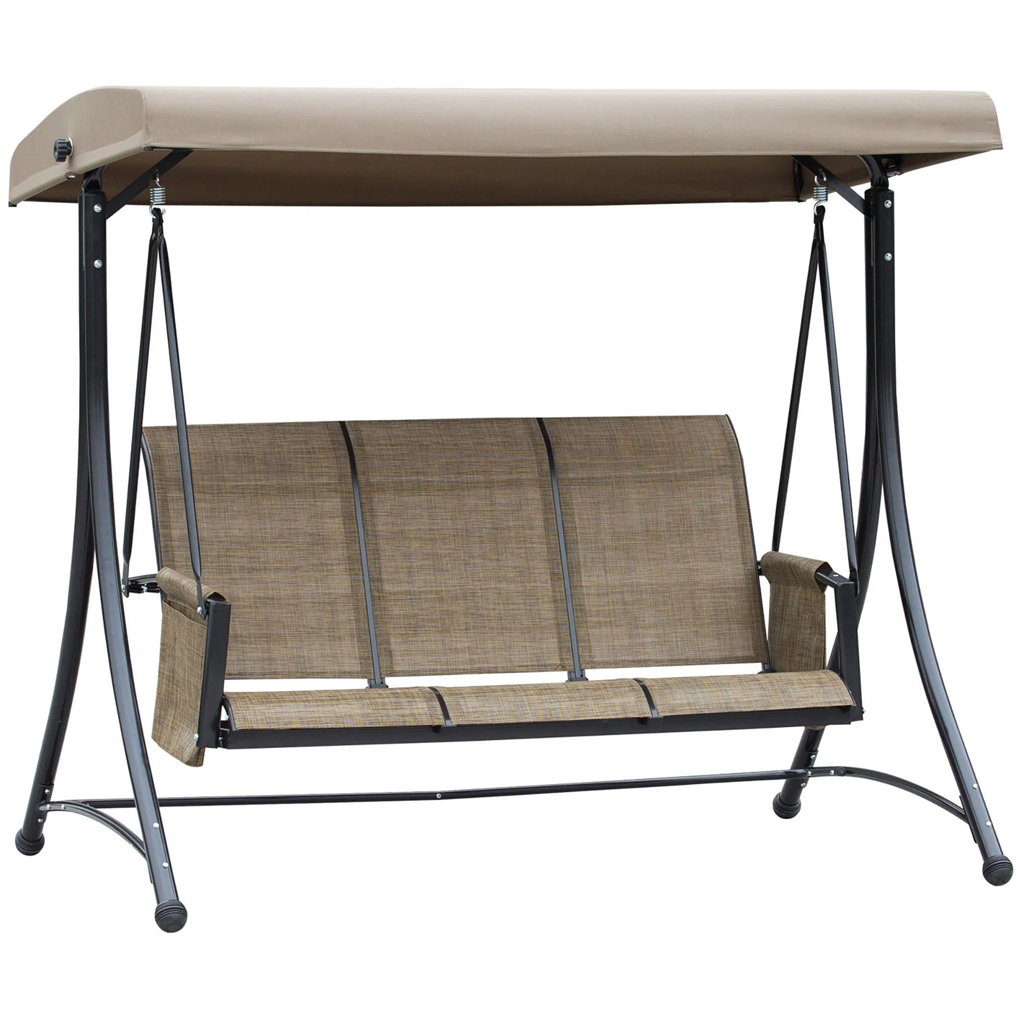 3 Person Outdoor High Back Swing Chair with Side Pouches and Adjustable Canopy, Brown