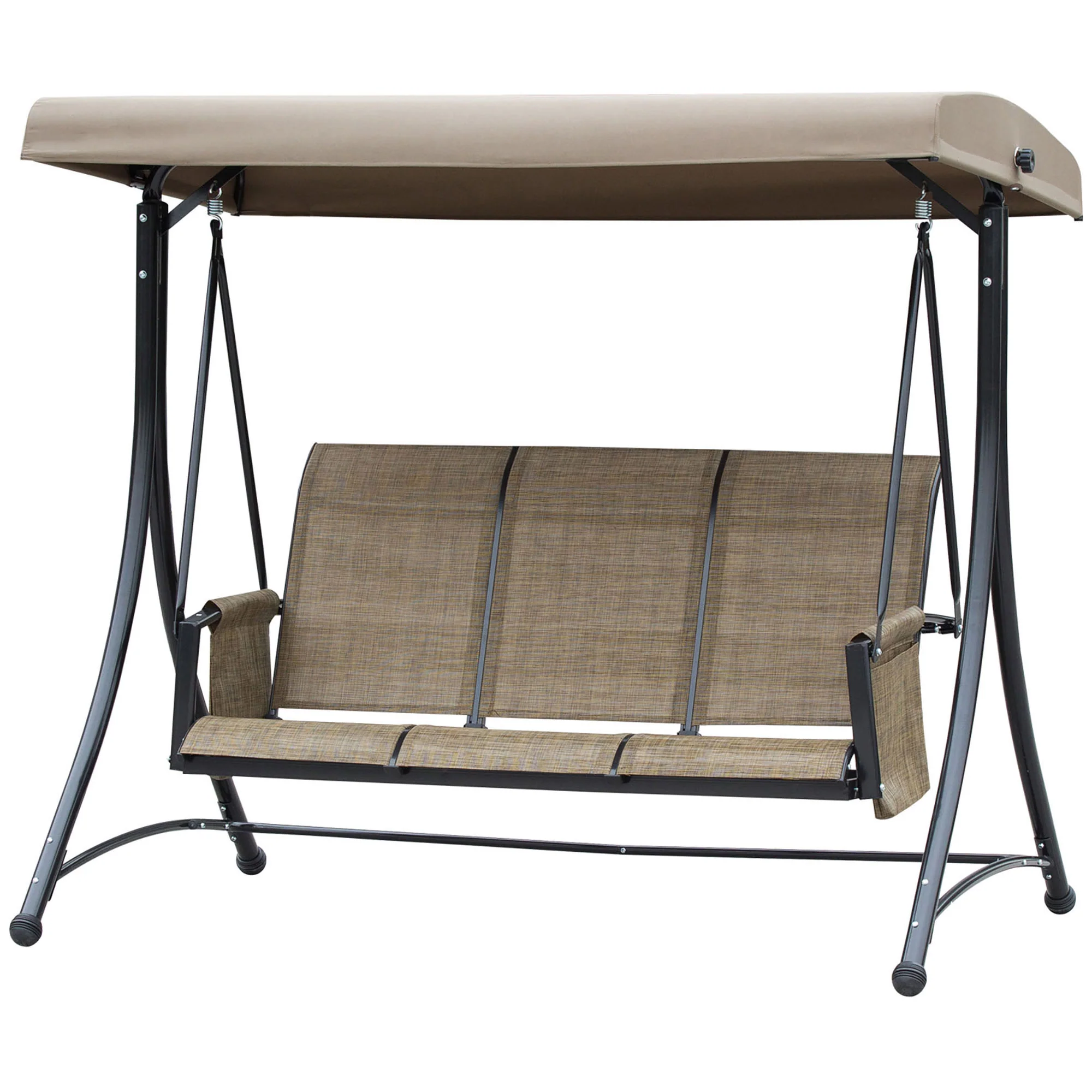 3 Person Outdoor High Back Swing Chair with Side Pouches and Adjustable Canopy, Brown - Image 2