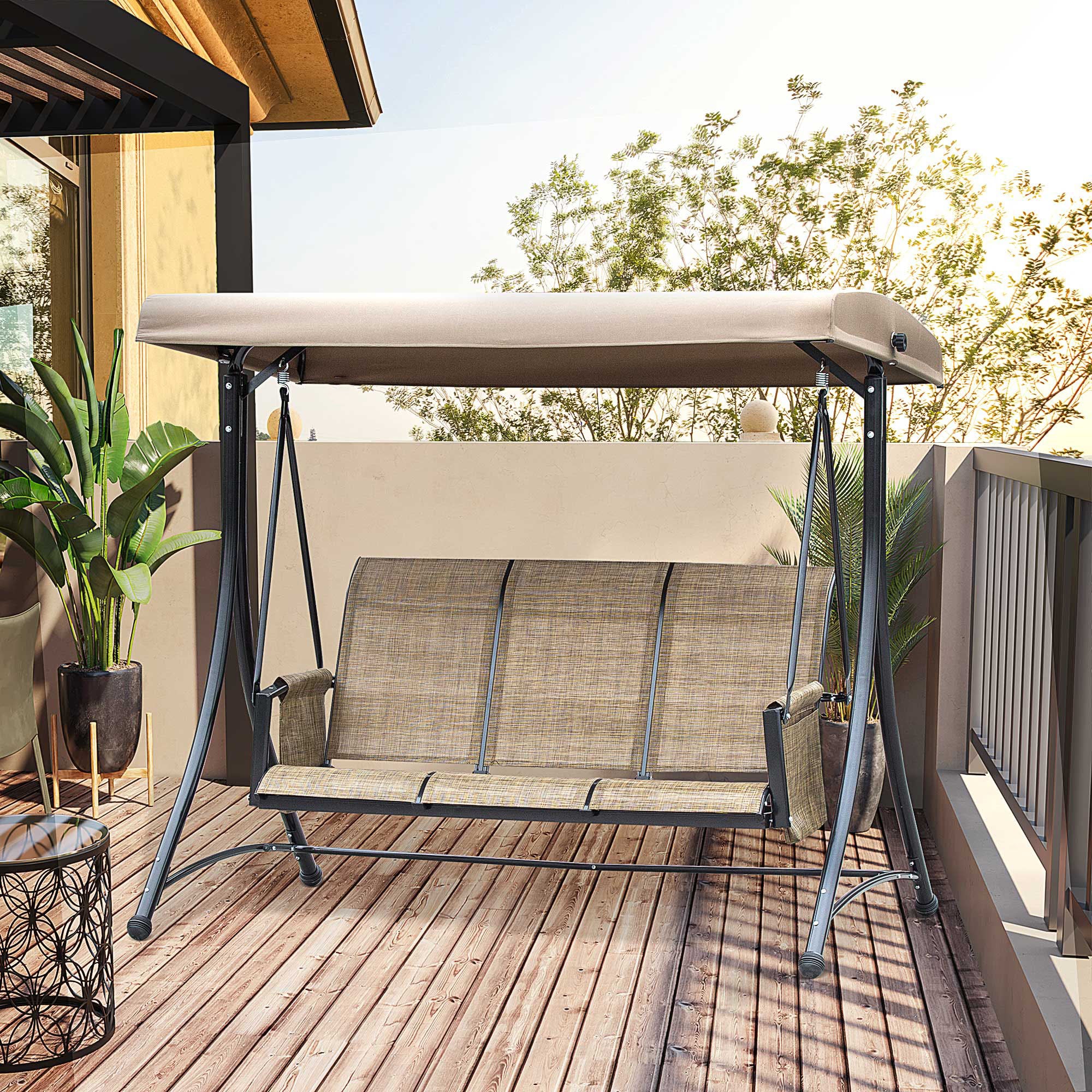 3 Person Outdoor High Back Swing Chair with Side Pouches and Adjustable Canopy, Brown - Image 3