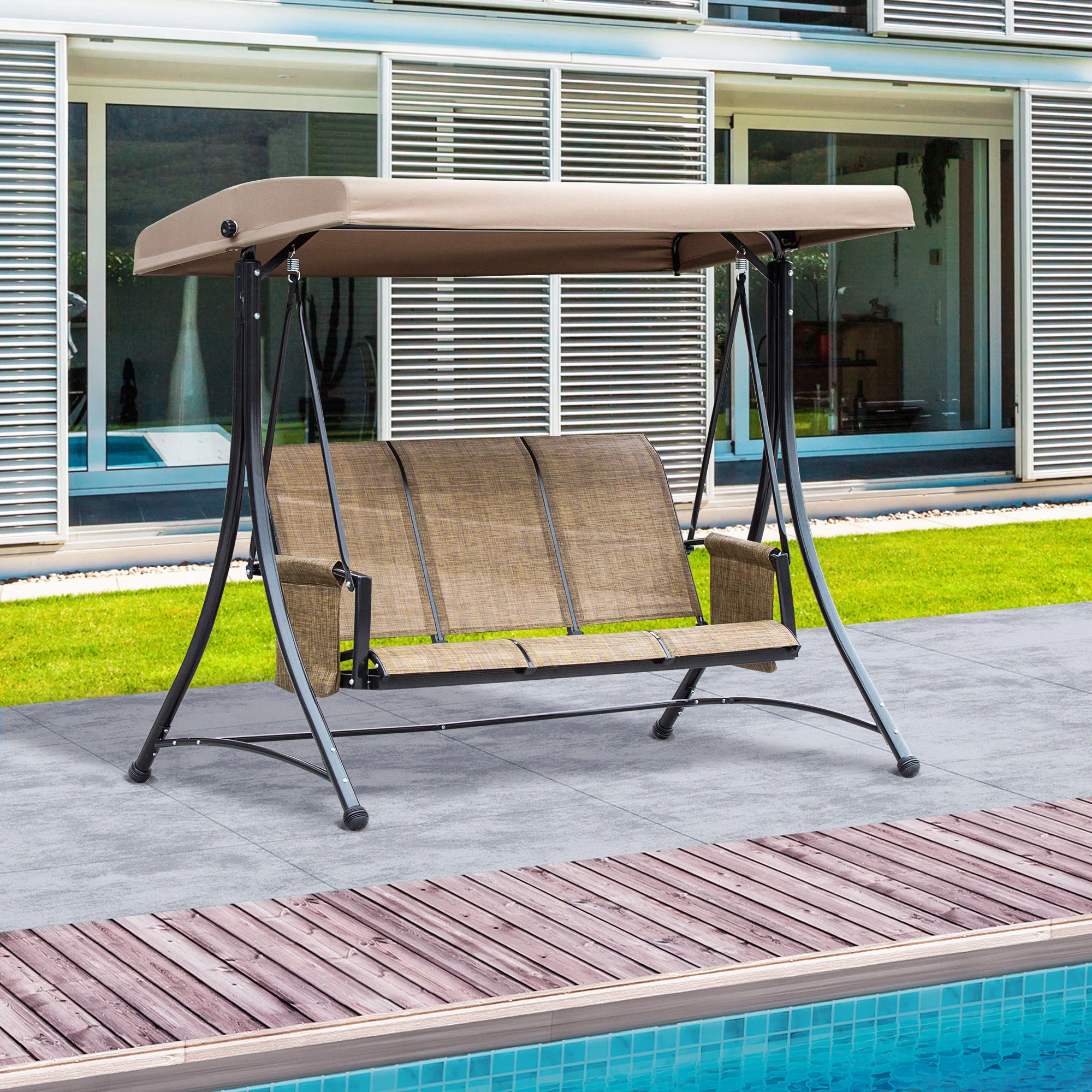 3 Person Outdoor High Back Swing Chair with Side Pouches and Adjustable Canopy, Brown - Image 4