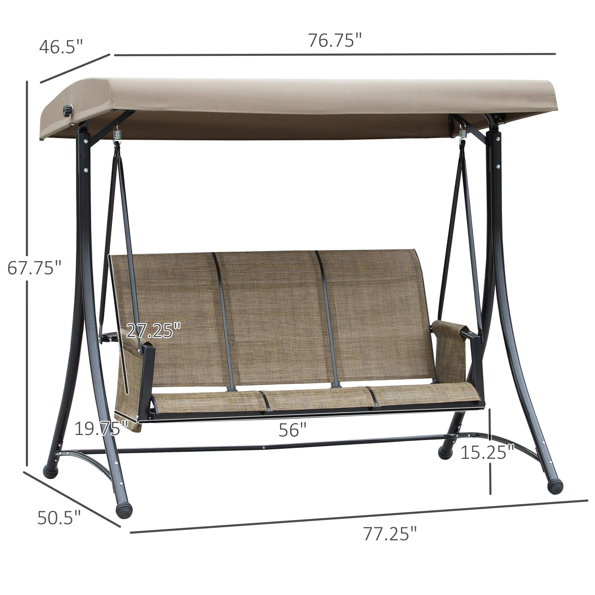 3 Person Outdoor High Back Swing Chair with Side Pouches and Adjustable Canopy, Brown - Image 5