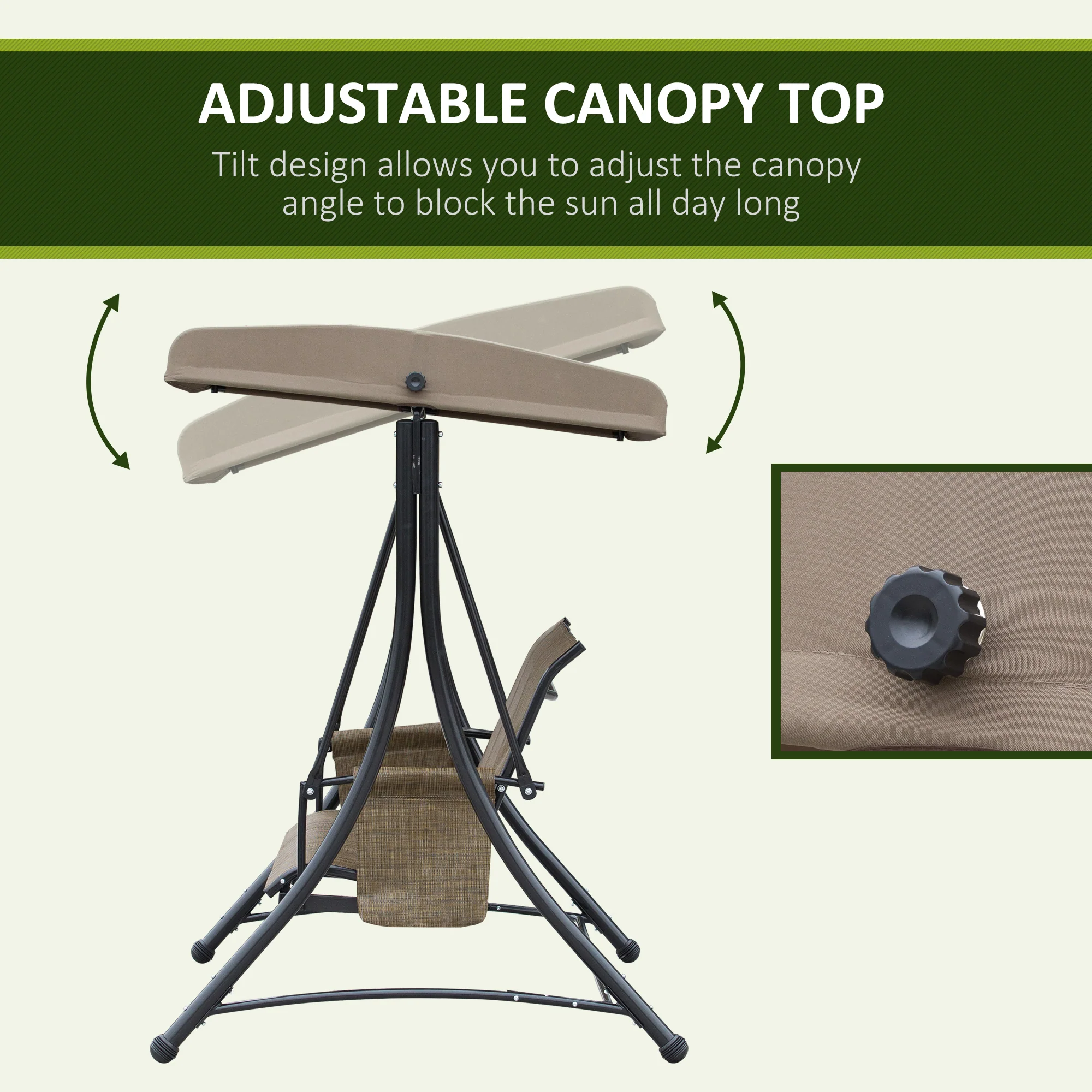 3 Person Outdoor High Back Swing Chair with Side Pouches and Adjustable Canopy, Brown - Image 6