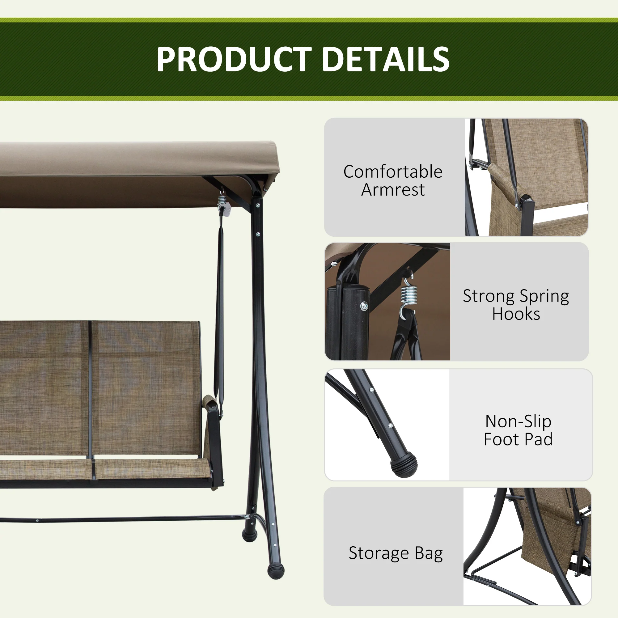 3 Person Outdoor High Back Swing Chair with Side Pouches and Adjustable Canopy, Brown - Image 8