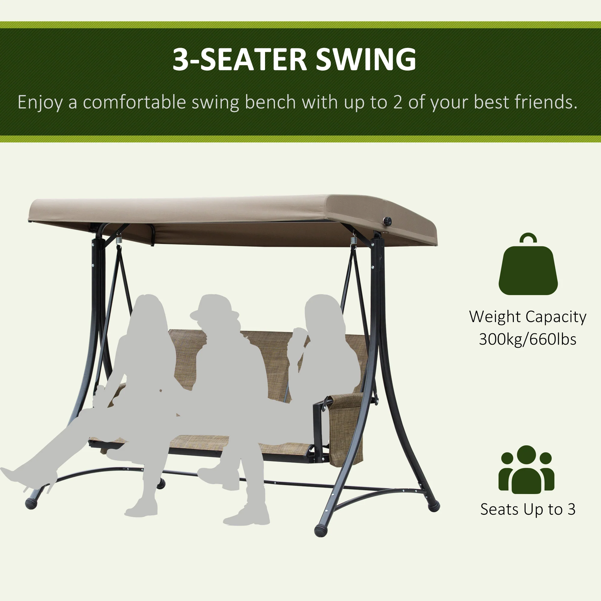 3 Person Outdoor High Back Swing Chair with Side Pouches and Adjustable Canopy, Brown - Image 9