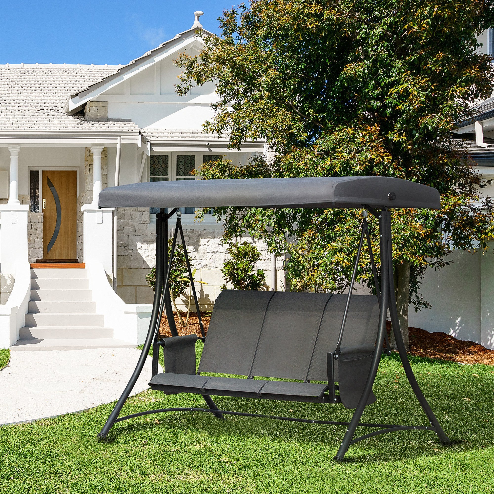 3 Person Outdoor High Back Swing Chair with Side Pouches and Adjustable Canopy, Dark Grey - Image 3