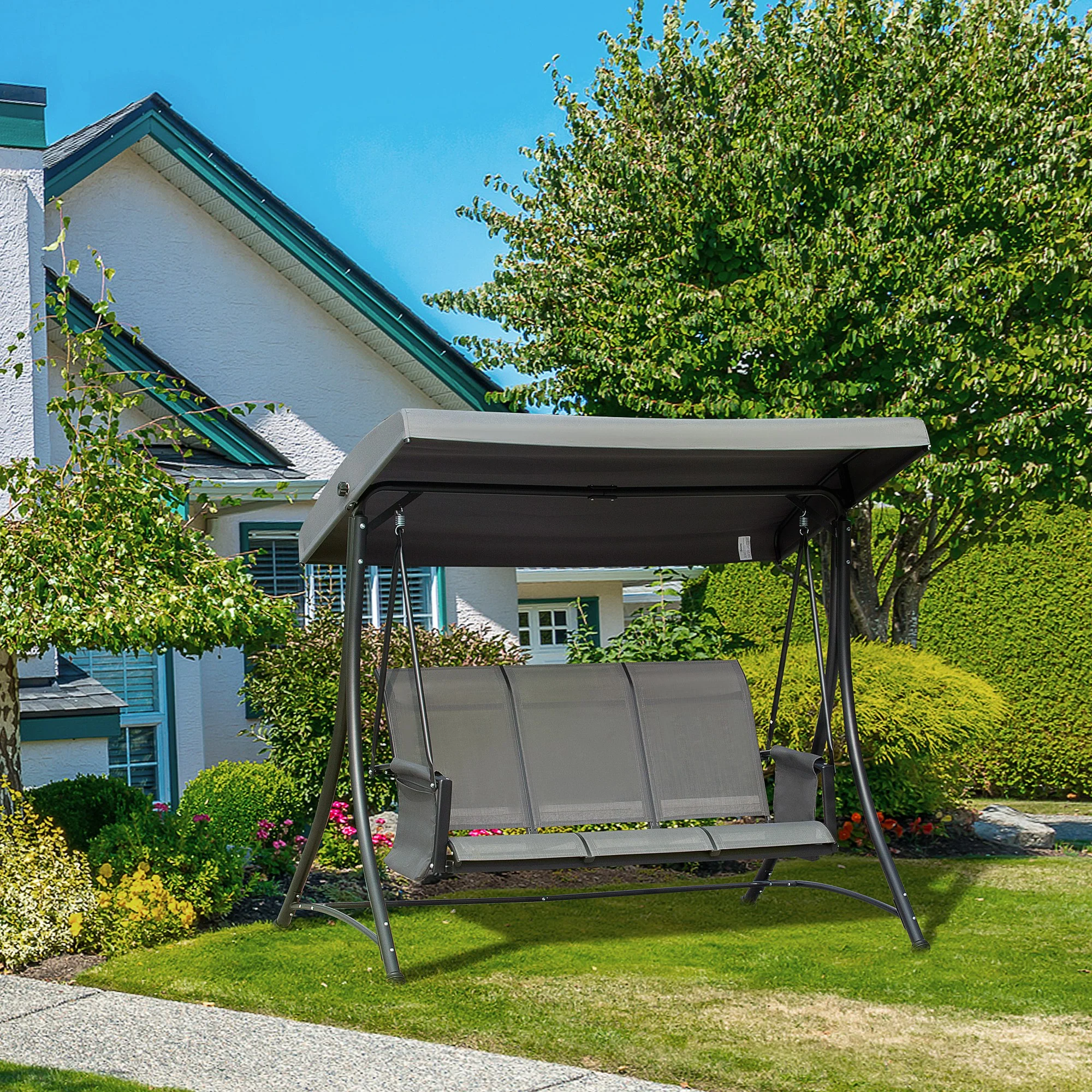 3 Person Outdoor High Back Swing Chair with Side Pouches and Adjustable Canopy, Dark Grey - Image 4