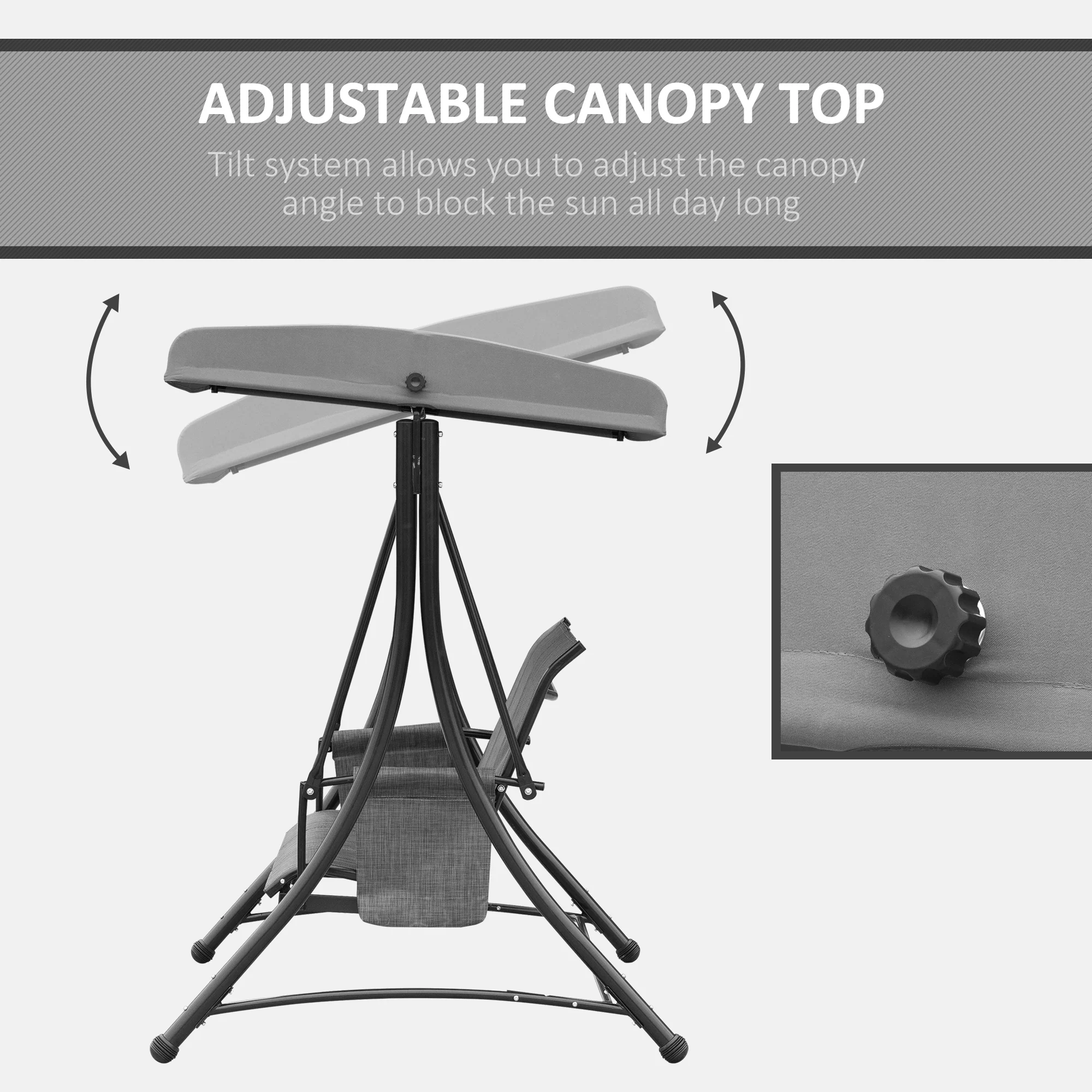 3 Person Outdoor High Back Swing Chair with Side Pouches and Adjustable Canopy, Dark Grey - Image 6