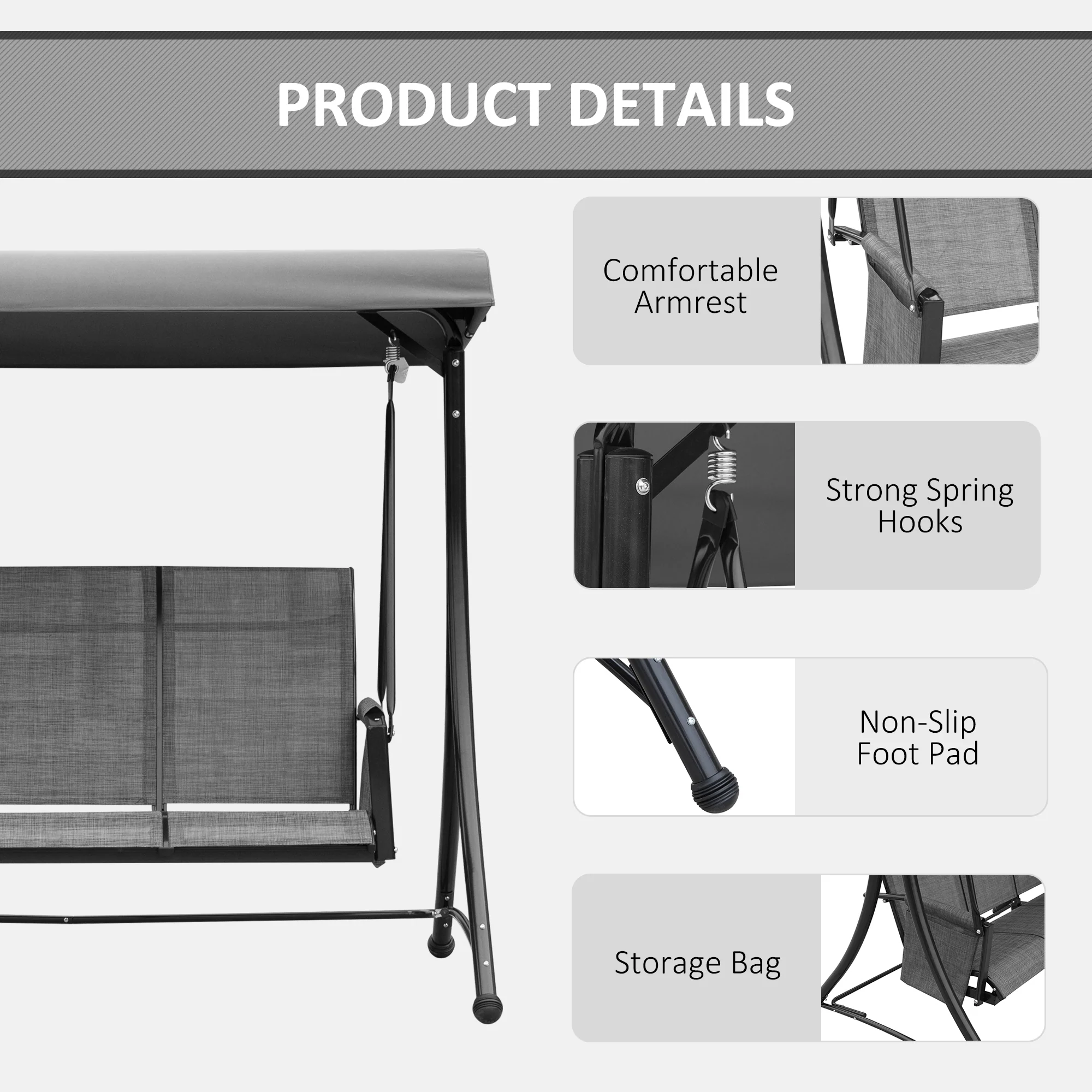 3 Person Outdoor High Back Swing Chair with Side Pouches and Adjustable Canopy, Dark Grey - Image 8