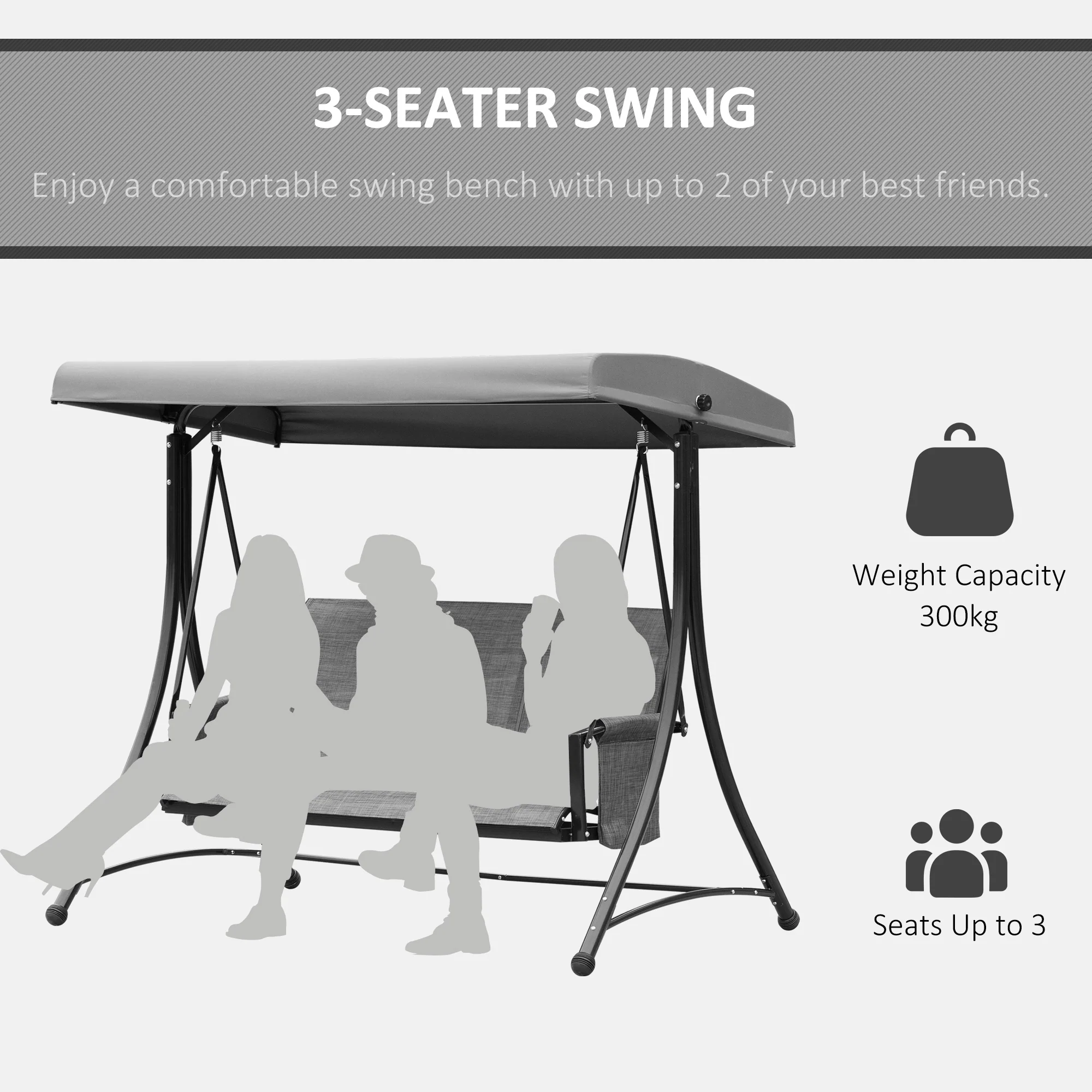 3 Person Outdoor High Back Swing Chair with Side Pouches and Adjustable Canopy, Dark Grey - Image 9
