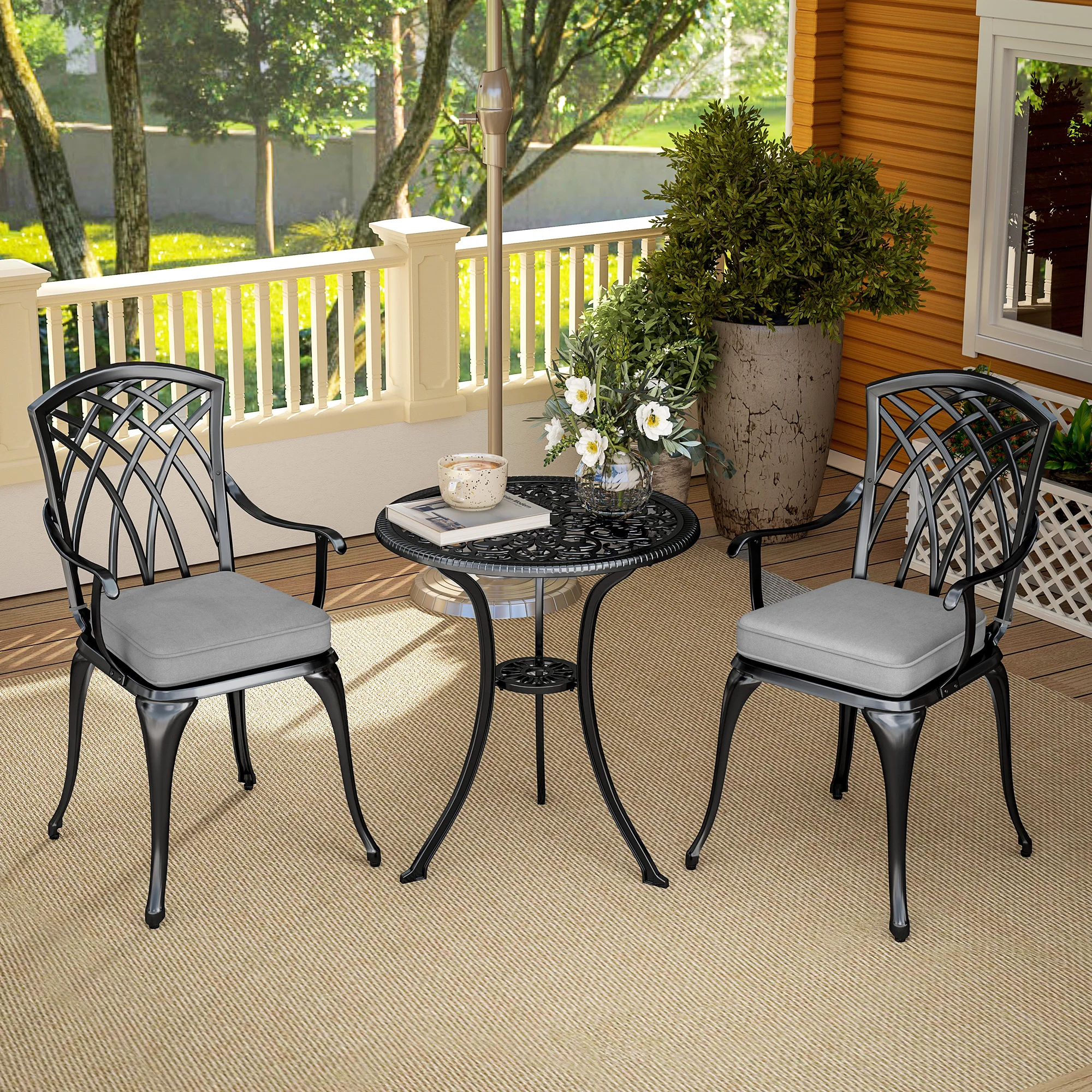3 Piece Aluminium Garden Bistro Set with Parasol Hole, Cushions & Coffee Table and Chairs, Black - Image 10