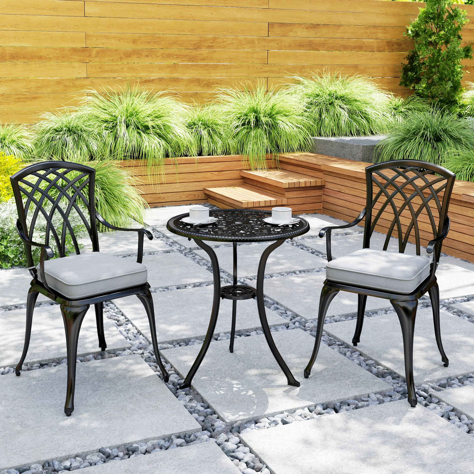 3 Piece Aluminium Garden Bistro Set with Parasol Hole, Cushions & Coffee Table and Chairs, Black - Image 11