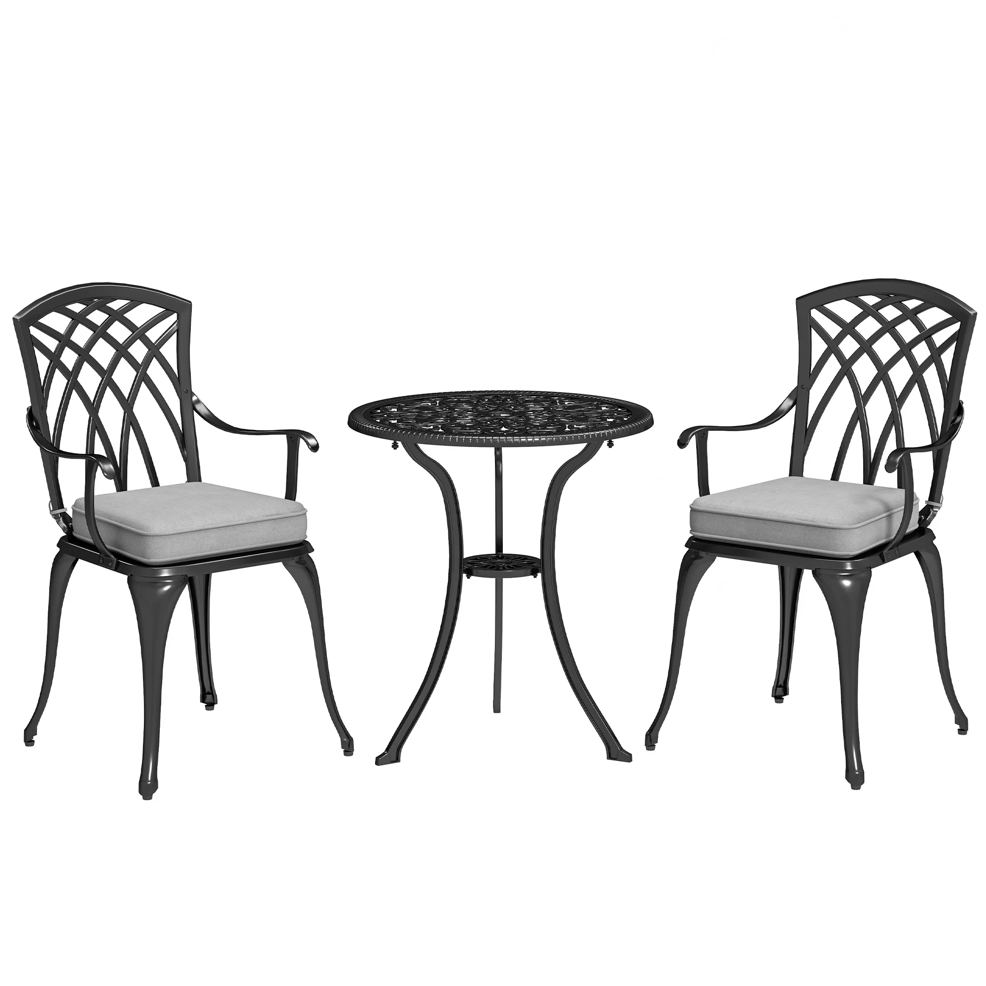 3 Piece Aluminium Garden Bistro Set with Parasol Hole, Cushions & Coffee Table and Chairs, Black - Image 12