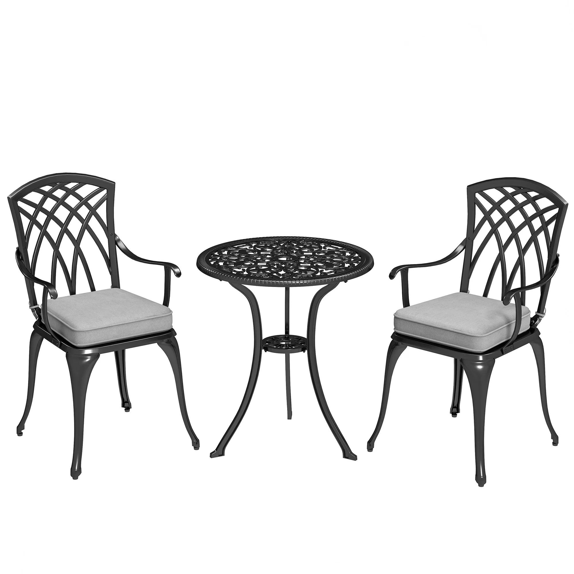 3 Piece Aluminium Garden Bistro Set with Parasol Hole, Cushions & Coffee Table and Chairs, Black - Image 2