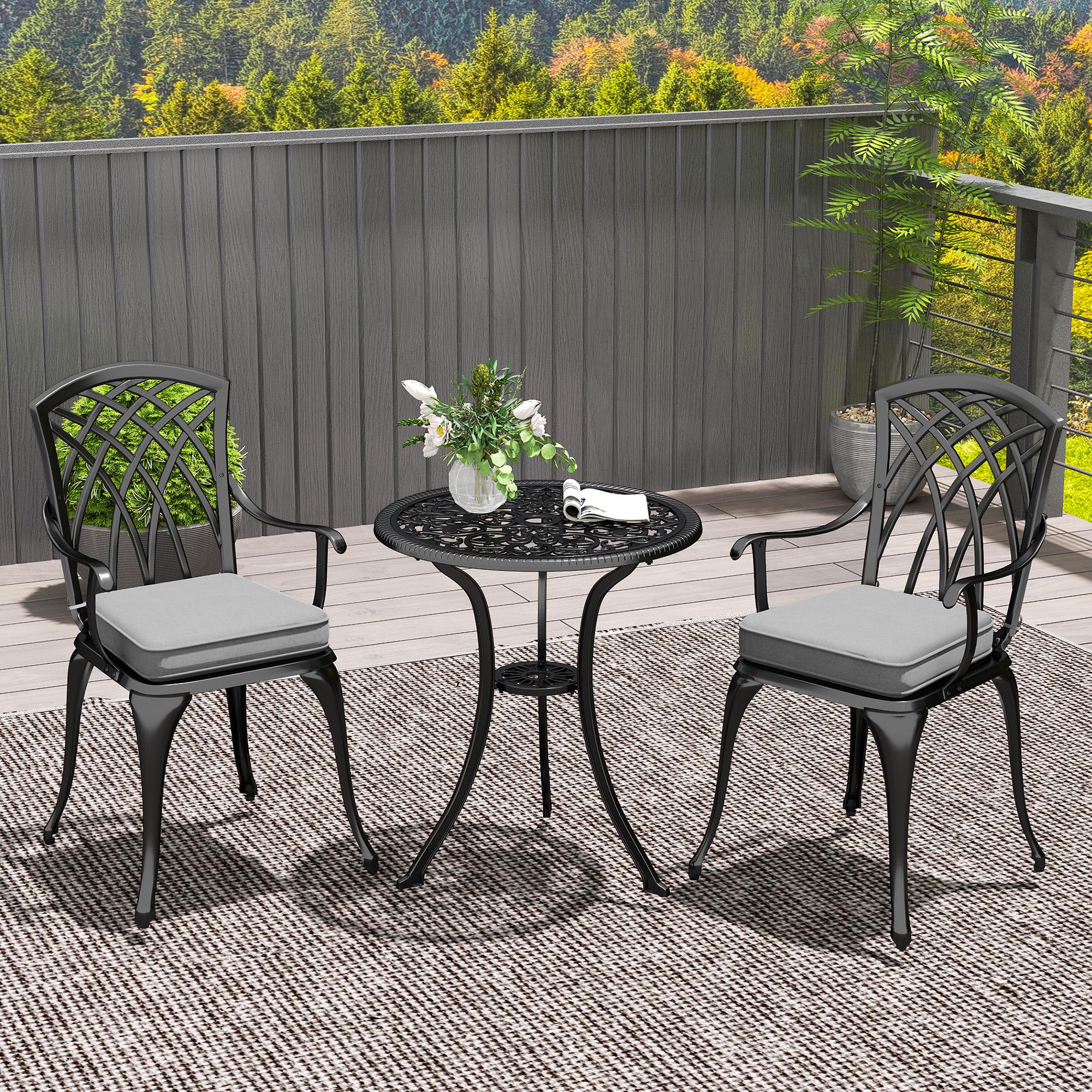 3 Piece Aluminium Garden Bistro Set with Parasol Hole, Cushions & Coffee Table and Chairs, Black - Image 3