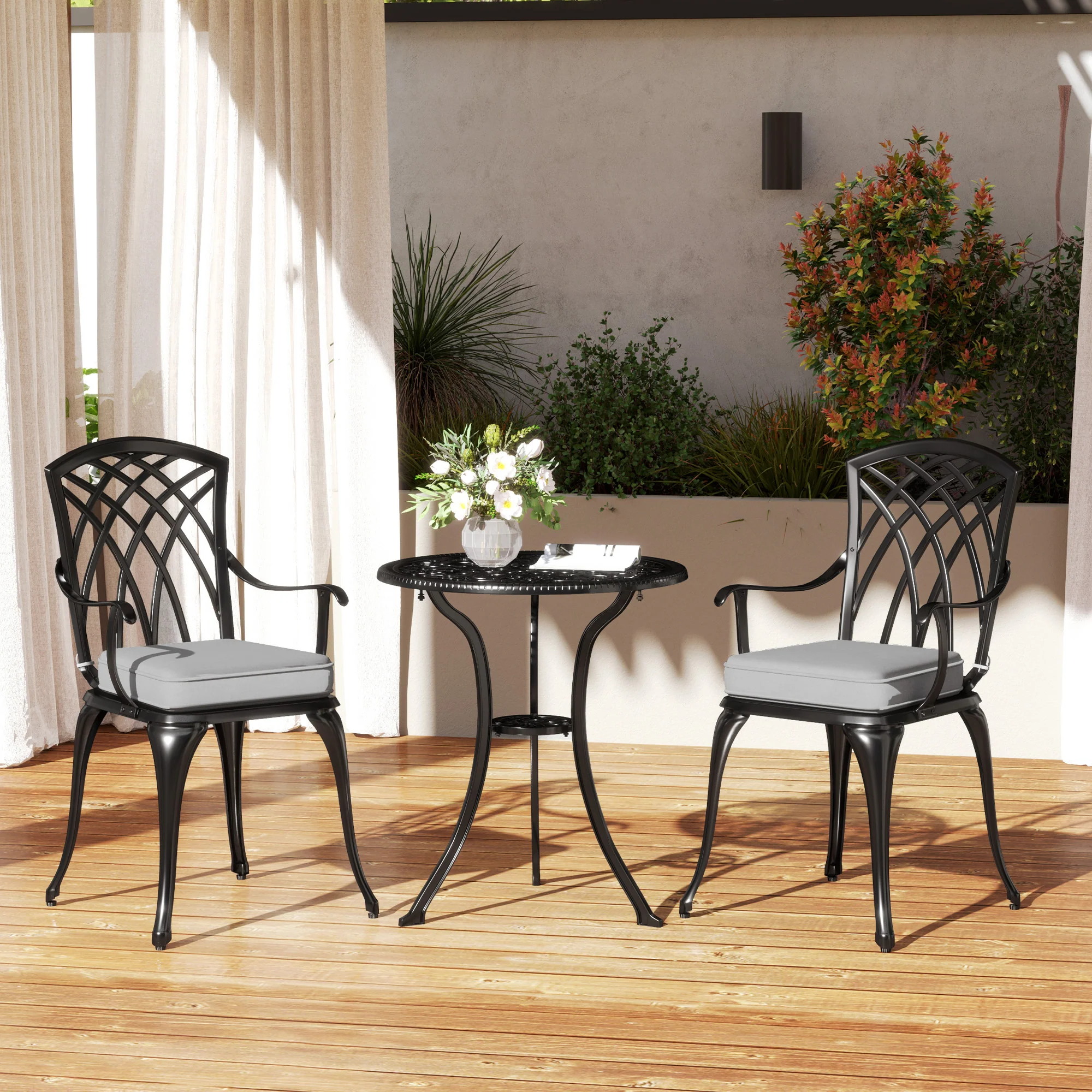 3 Piece Aluminium Garden Bistro Set with Parasol Hole, Cushions & Coffee Table and Chairs, Black - Image 4