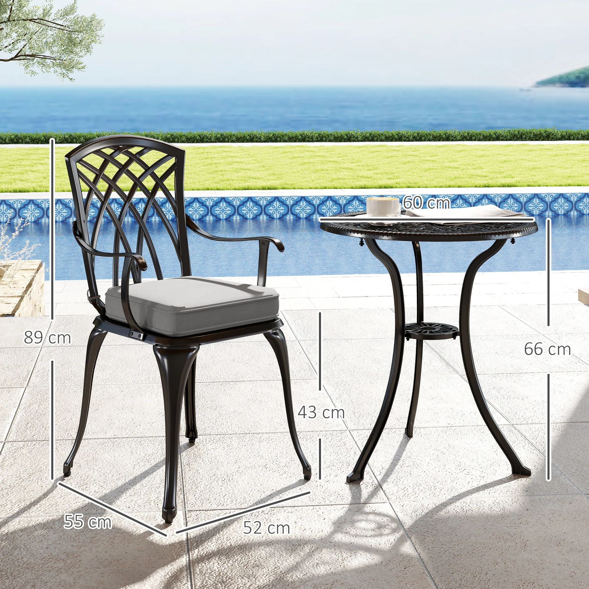 3 Piece Aluminium Garden Bistro Set with Parasol Hole, Cushions & Coffee Table and Chairs, Black - Image 5