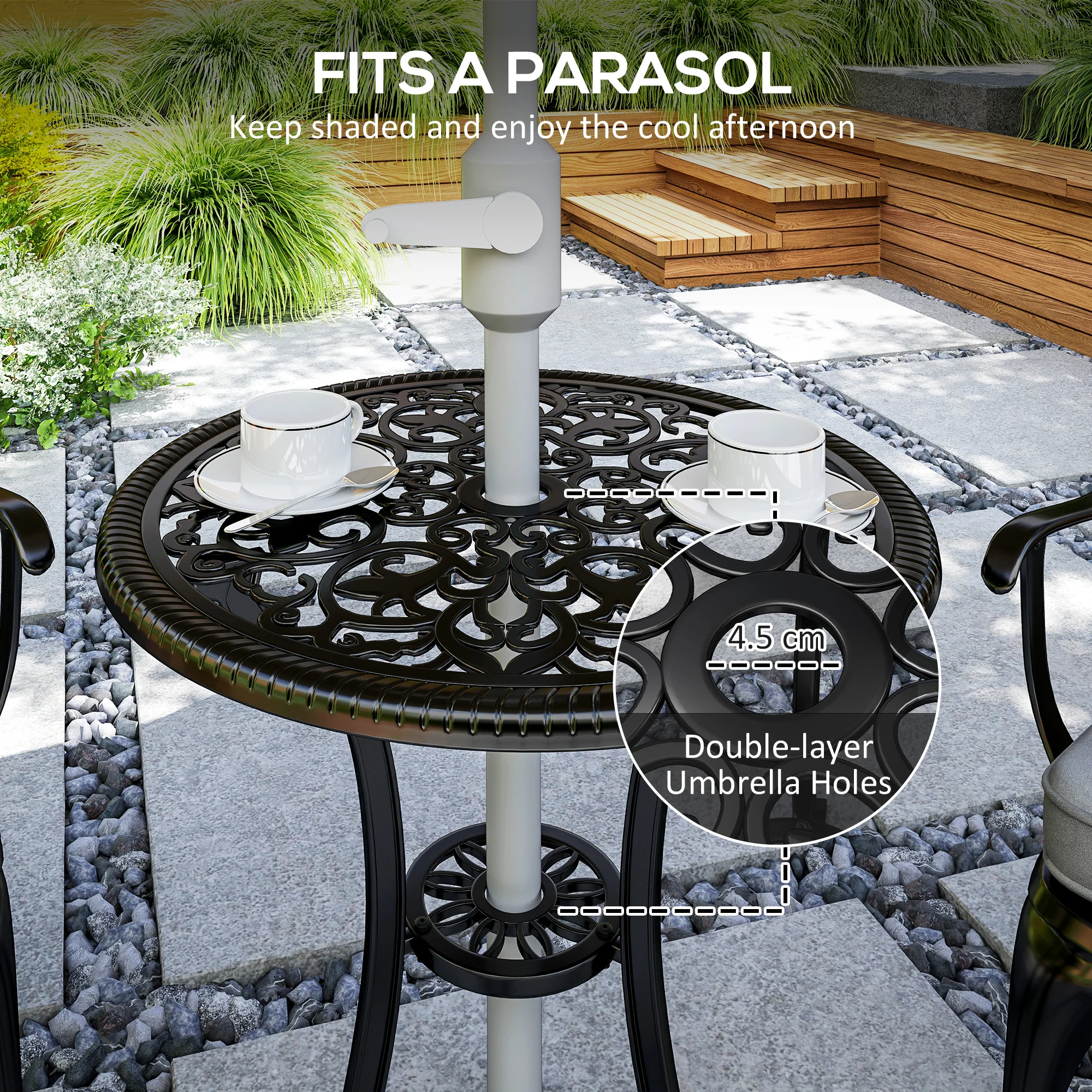3 Piece Aluminium Garden Bistro Set with Parasol Hole, Cushions & Coffee Table and Chairs, Black - Image 6