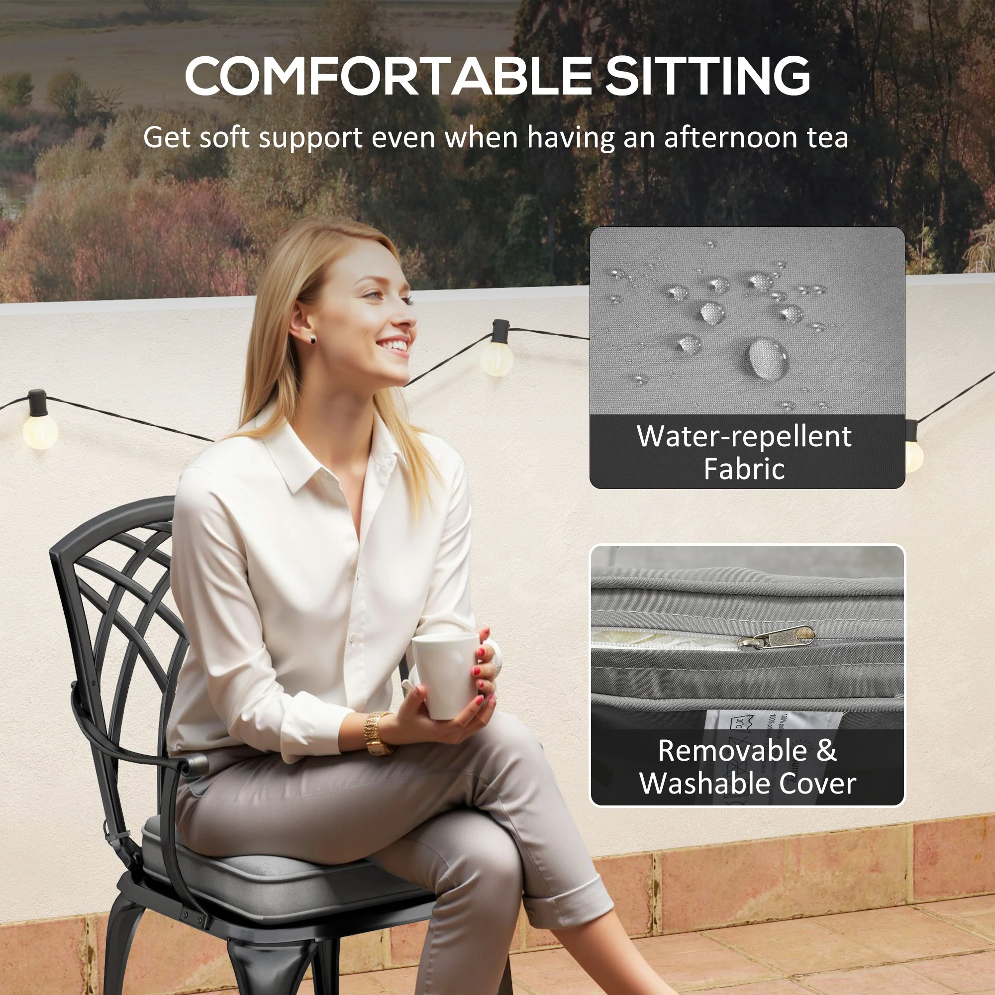 3 Piece Aluminium Garden Bistro Set with Parasol Hole, Cushions & Coffee Table and Chairs, Black - Image 7