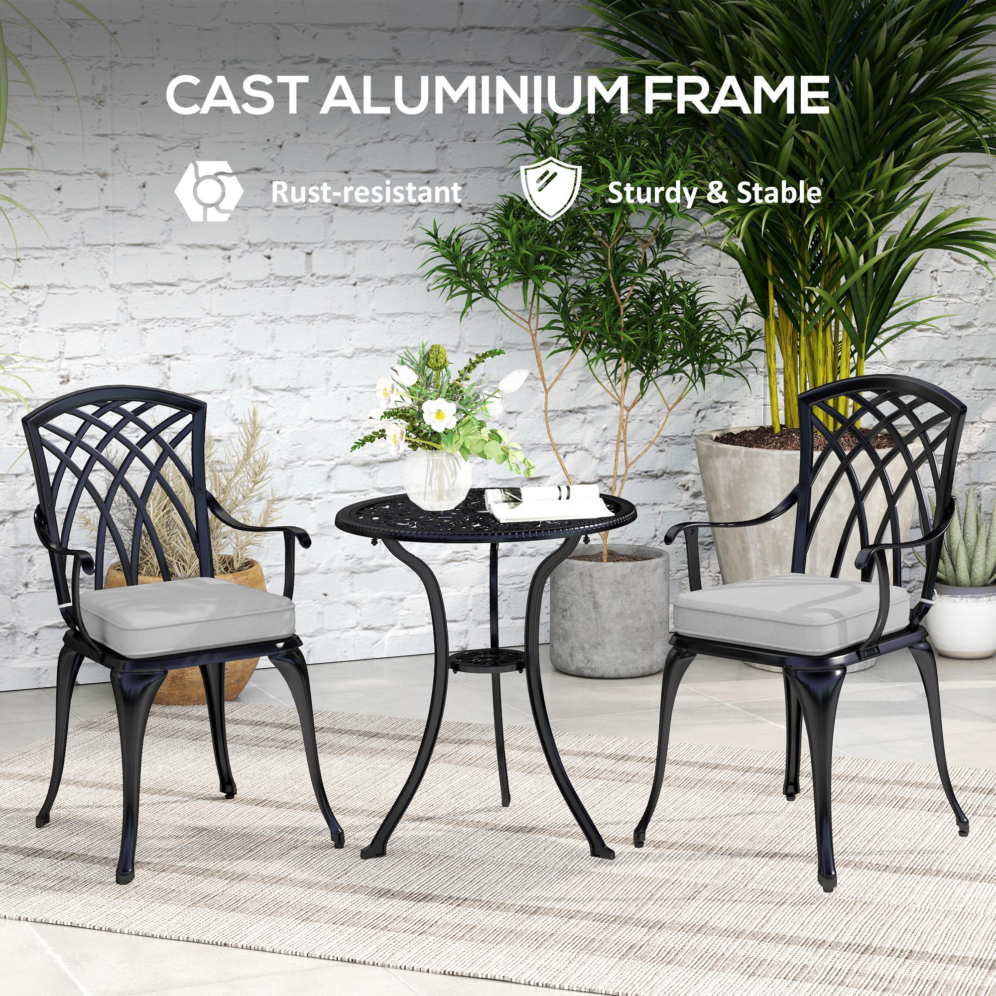 3 Piece Aluminium Garden Bistro Set with Parasol Hole, Cushions & Coffee Table and Chairs, Black - Image 8
