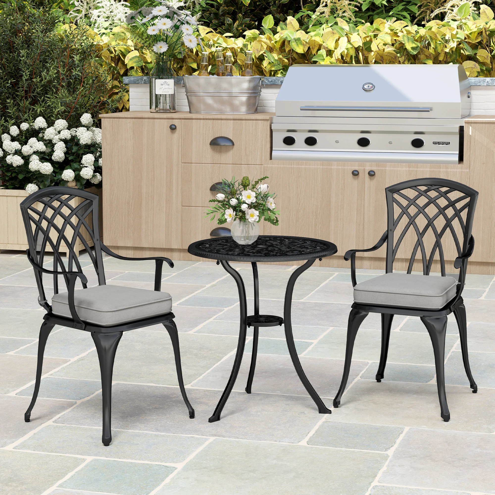 3 Piece Aluminium Garden Bistro Set with Parasol Hole, Cushions & Coffee Table and Chairs, Black - Image 9