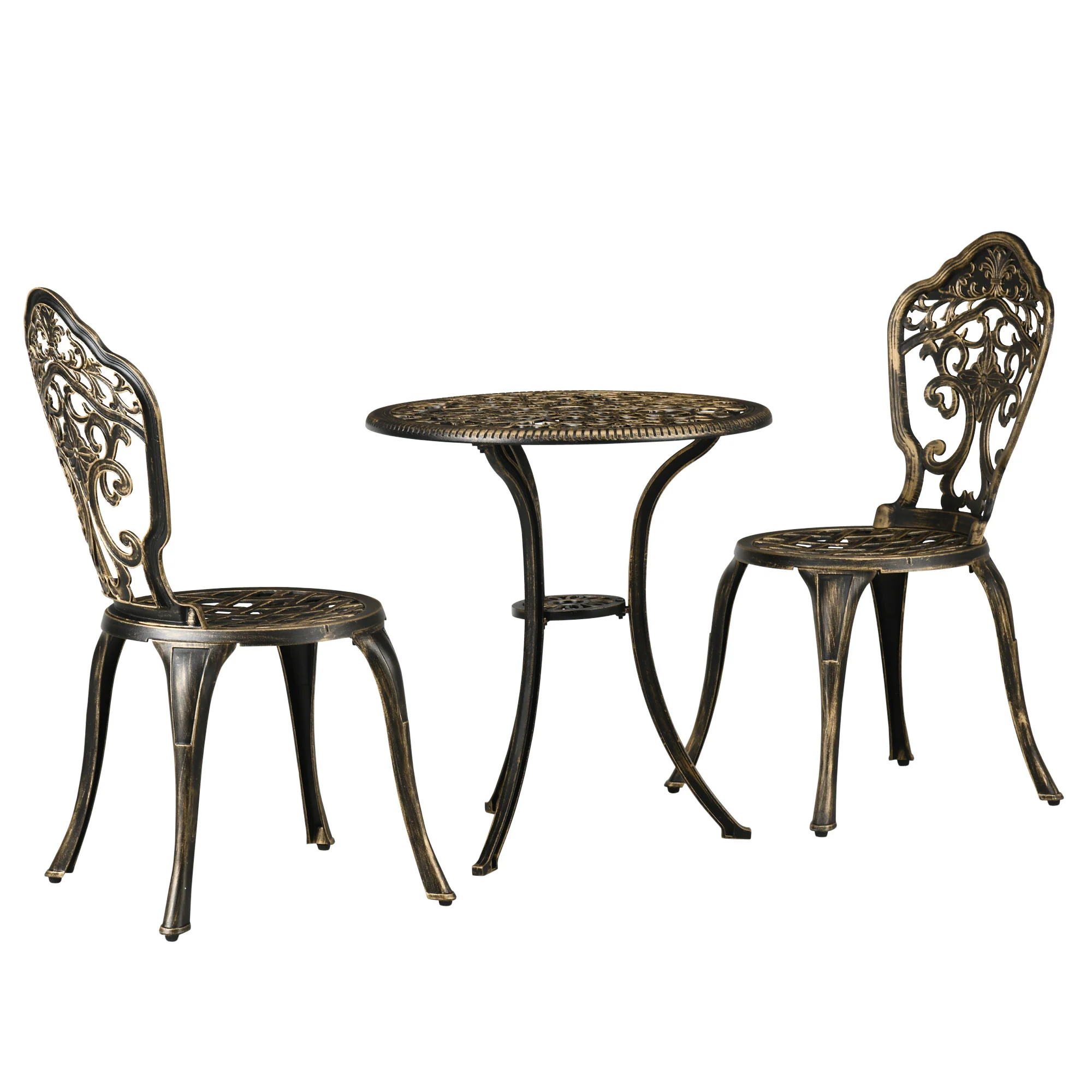 3 Piece Outdoor Bistro Set, 2 Chairs and A Round Coffee Table w/ Parasol Hole, Bronze - Image 2