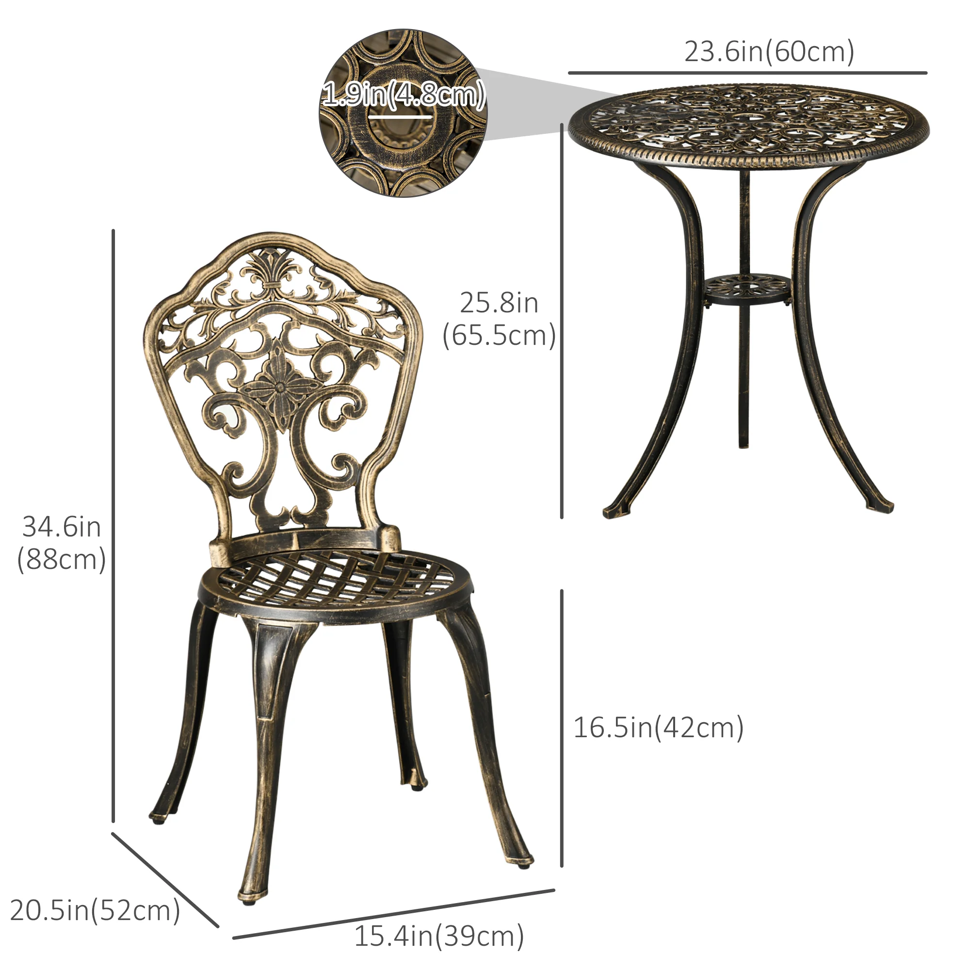 3 Piece Outdoor Bistro Set, 2 Chairs and A Round Coffee Table w/ Parasol Hole, Bronze - Image 5
