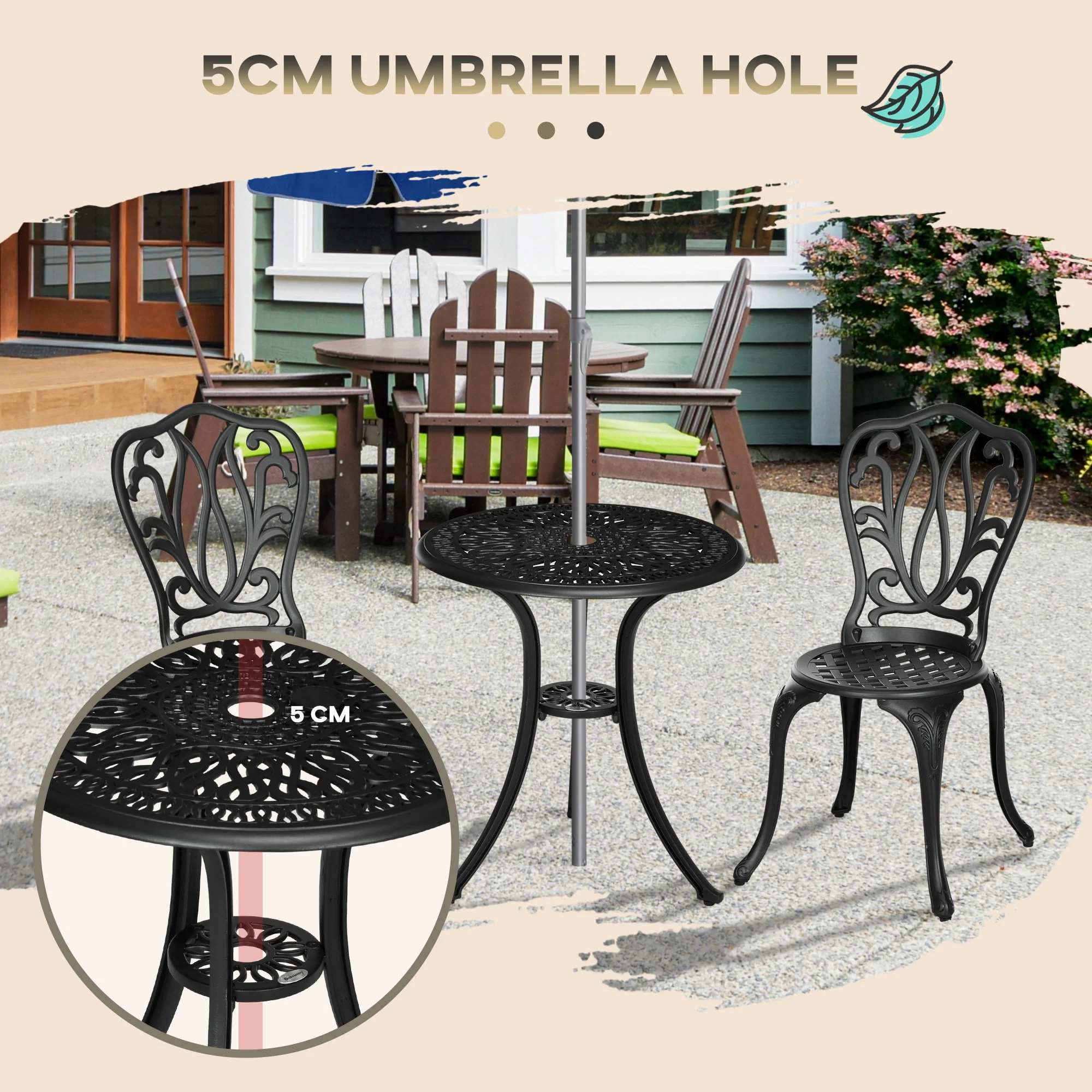 3 Piece Modern Garden Bistro Set with Umbrella Hole & Aluminium Frame for Balcony, Patio, Black - Image 7