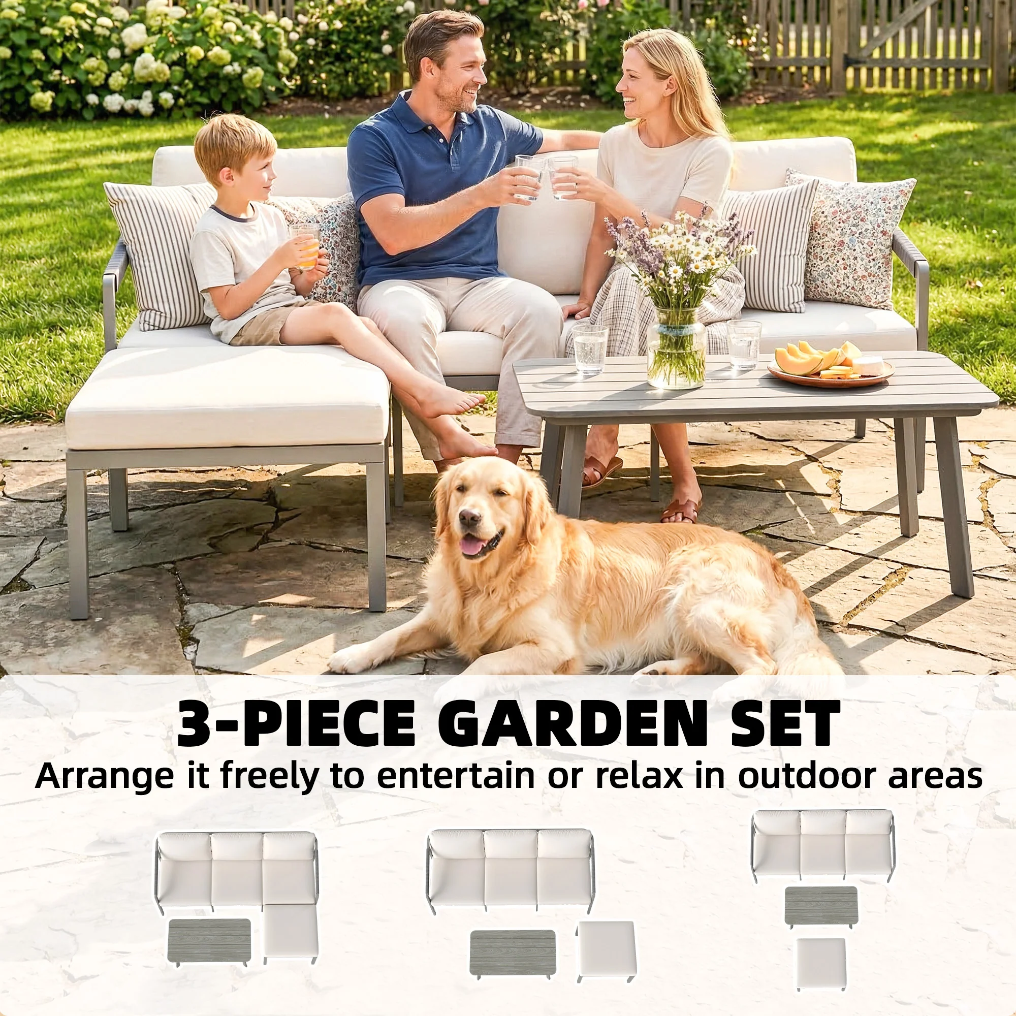 3 Piece Garden Furniture Set with Sofa, Footstool and Coffee Table, Grey - Image 6