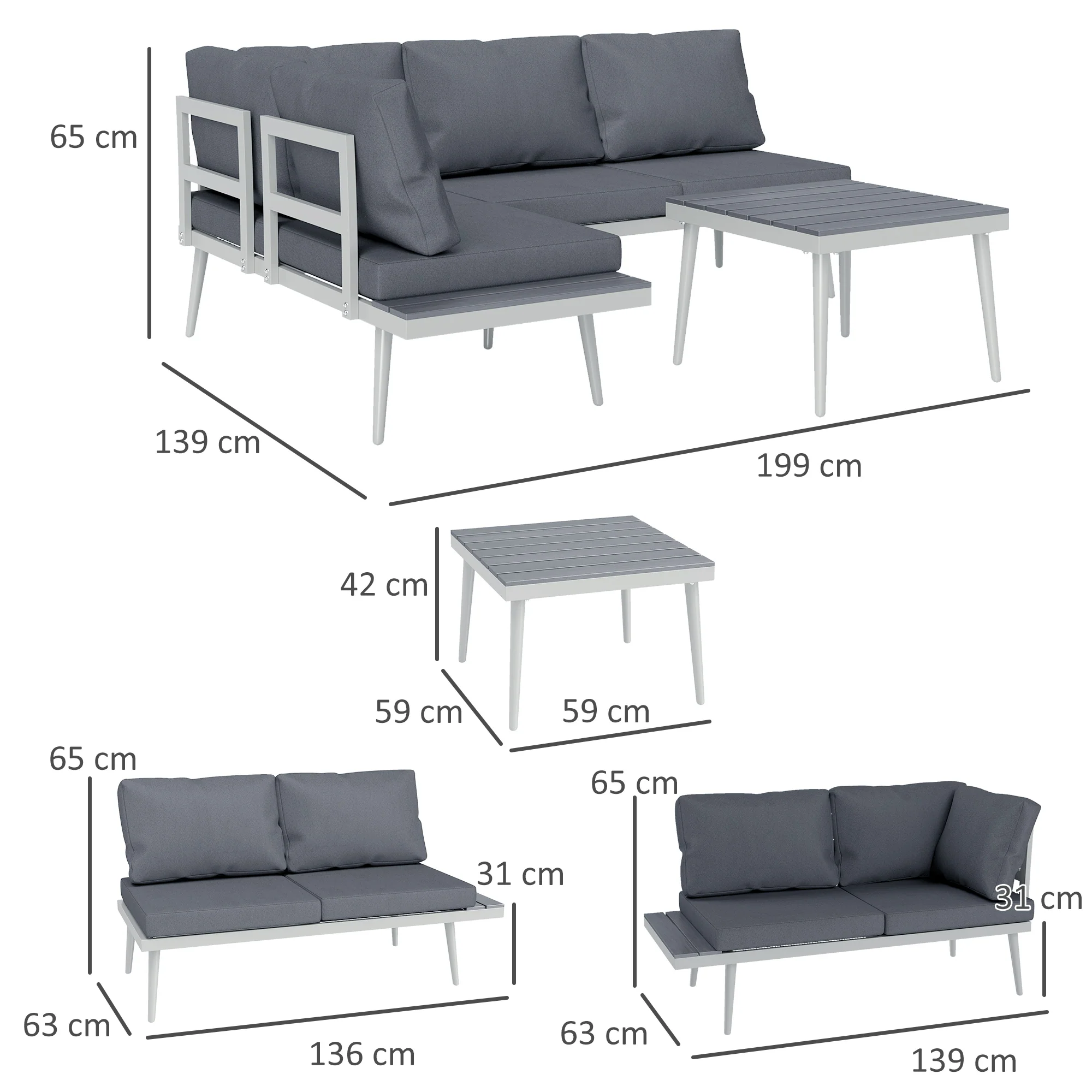 FlexNook Corner Sofa Set with 5-Level Adjustable Lounger, Mesh Seat & Wood-Grain Table, Grey - Image 5