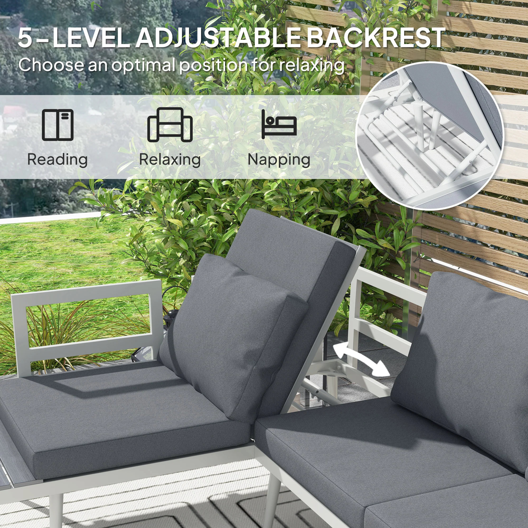 FlexNook Corner Sofa Set with 5-Level Adjustable Lounger, Mesh Seat & Wood-Grain Table, Grey - Image 7